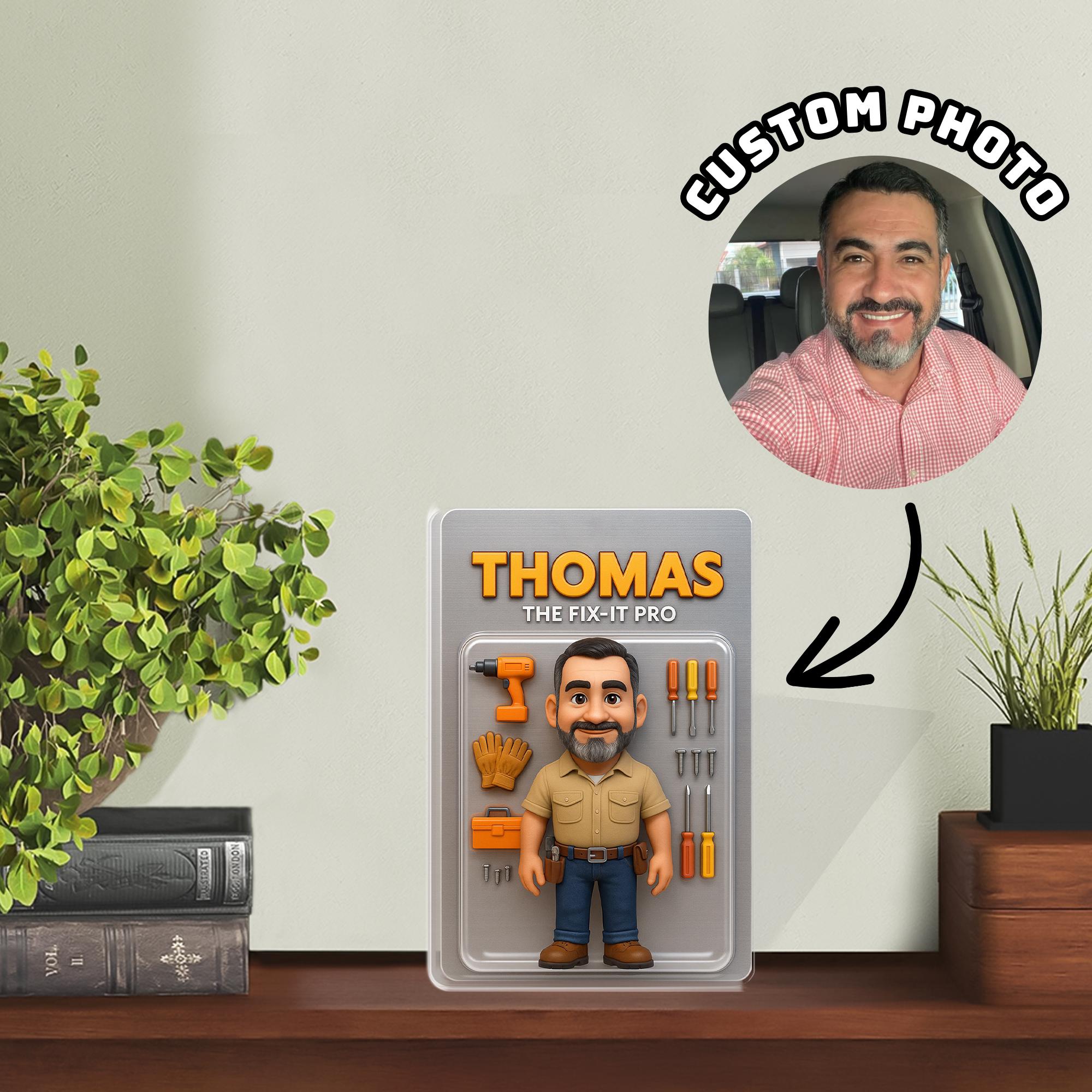 Personalized Acrylic Block, Custom Cartoon Man Figure, Handyman Tool Desk Decor image 1