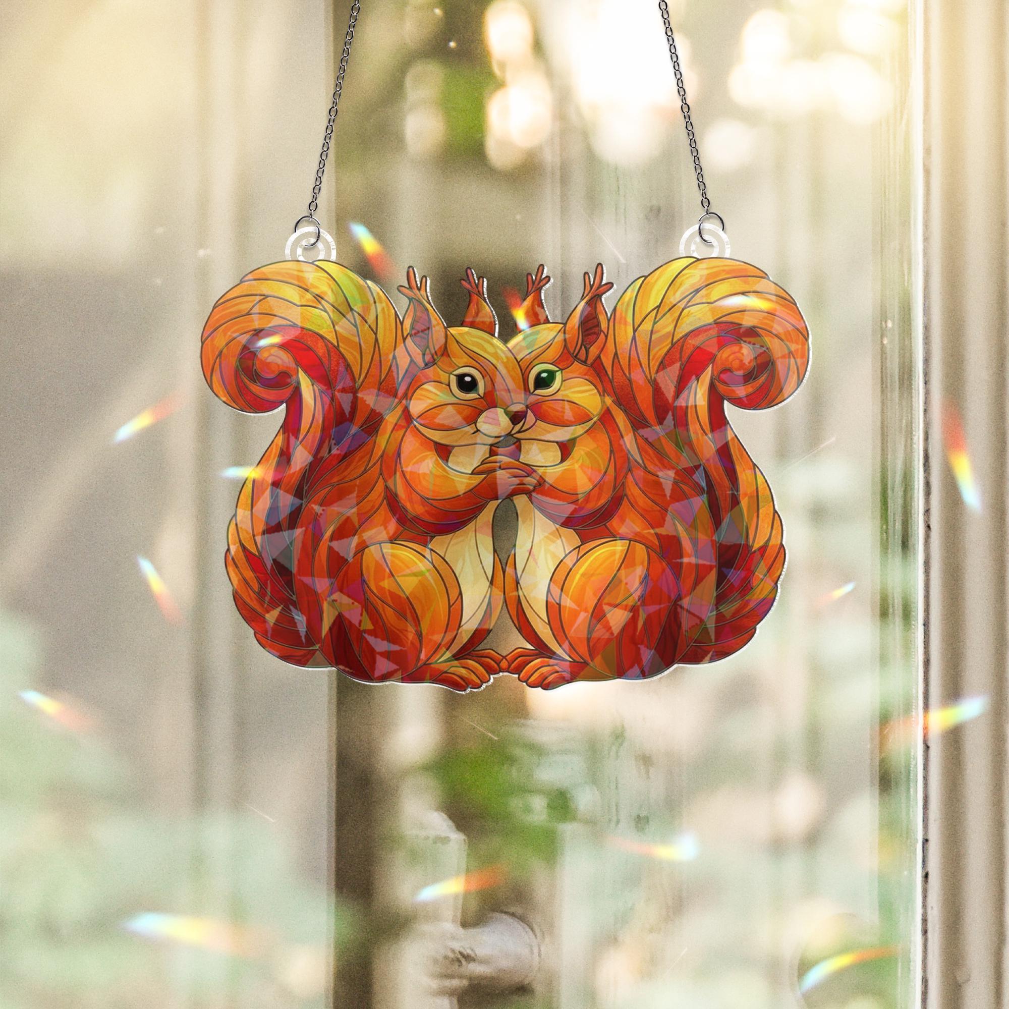 Holographic Acrylic Suncatcher: Squirrel Pair Heart Shape Faux Stained Glass image 1