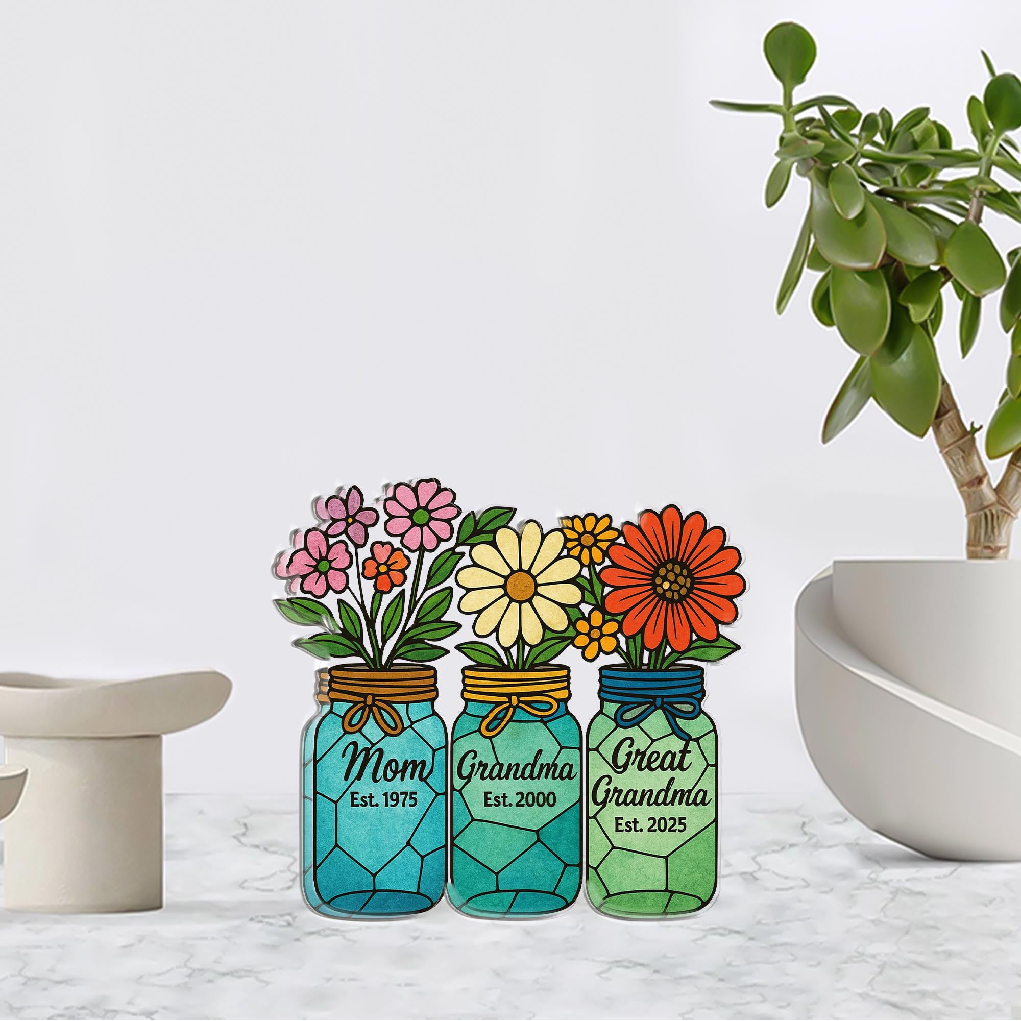 Personalized Floral Jar Acrylic Block, Floral Family Year Plaque, Mom Grandma Great-Grandma image 2
