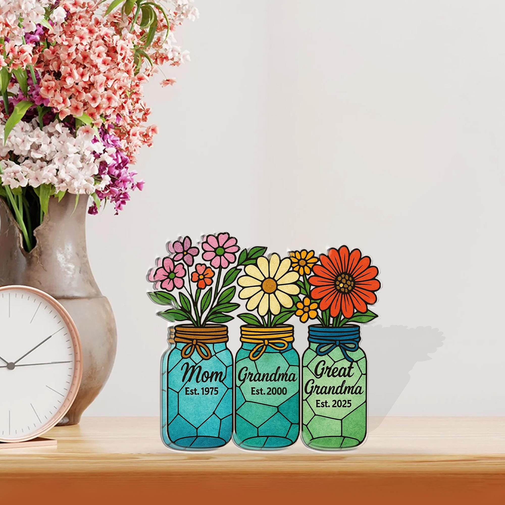 Personalized Floral Jar Acrylic Block, Floral Family Year Plaque, Mom Grandma Great-Grandma image 1