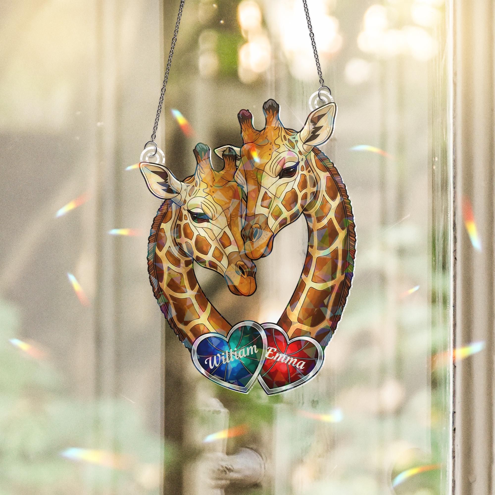 Personalization Acrylic Suncatcher: Giraffe Pair Heart Shape Faux Stained Glass image 1