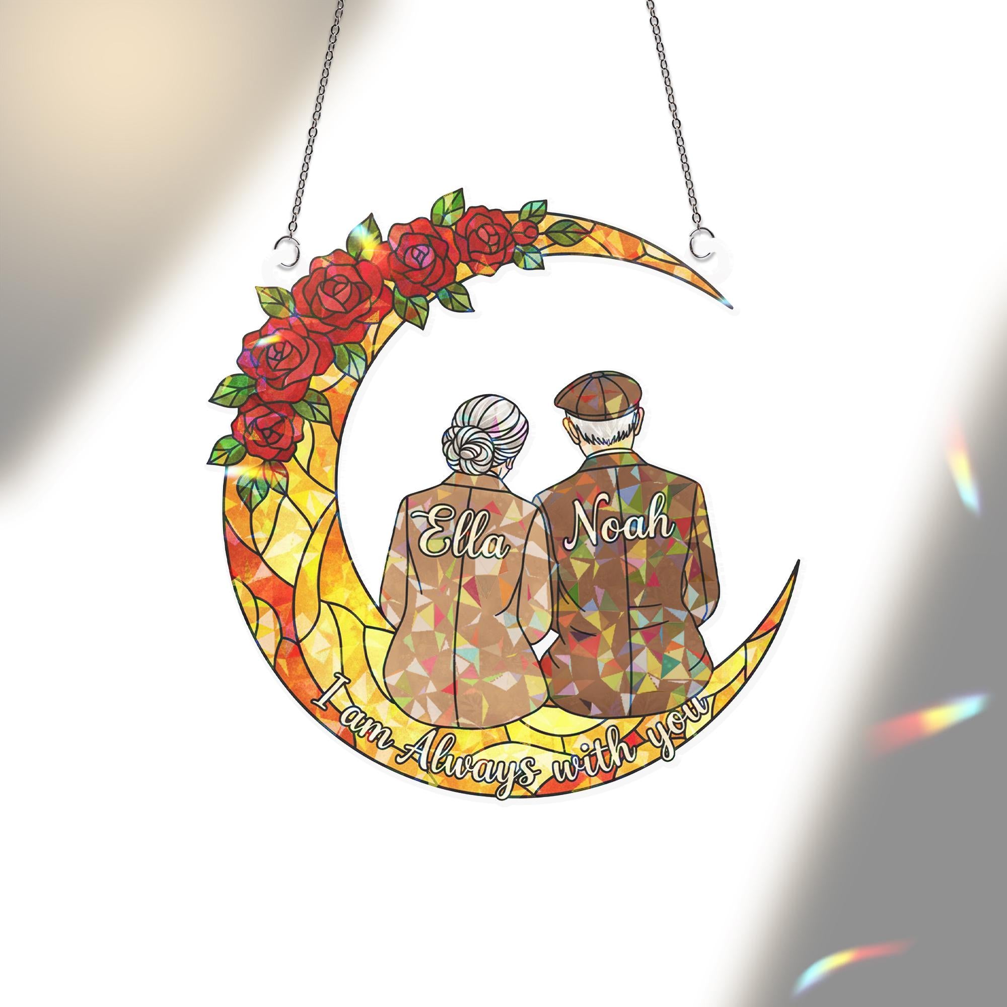 Personalization Acrylic Suncatcher: Elderly Couple on Crescent Moon with Floral Quote Design image 4