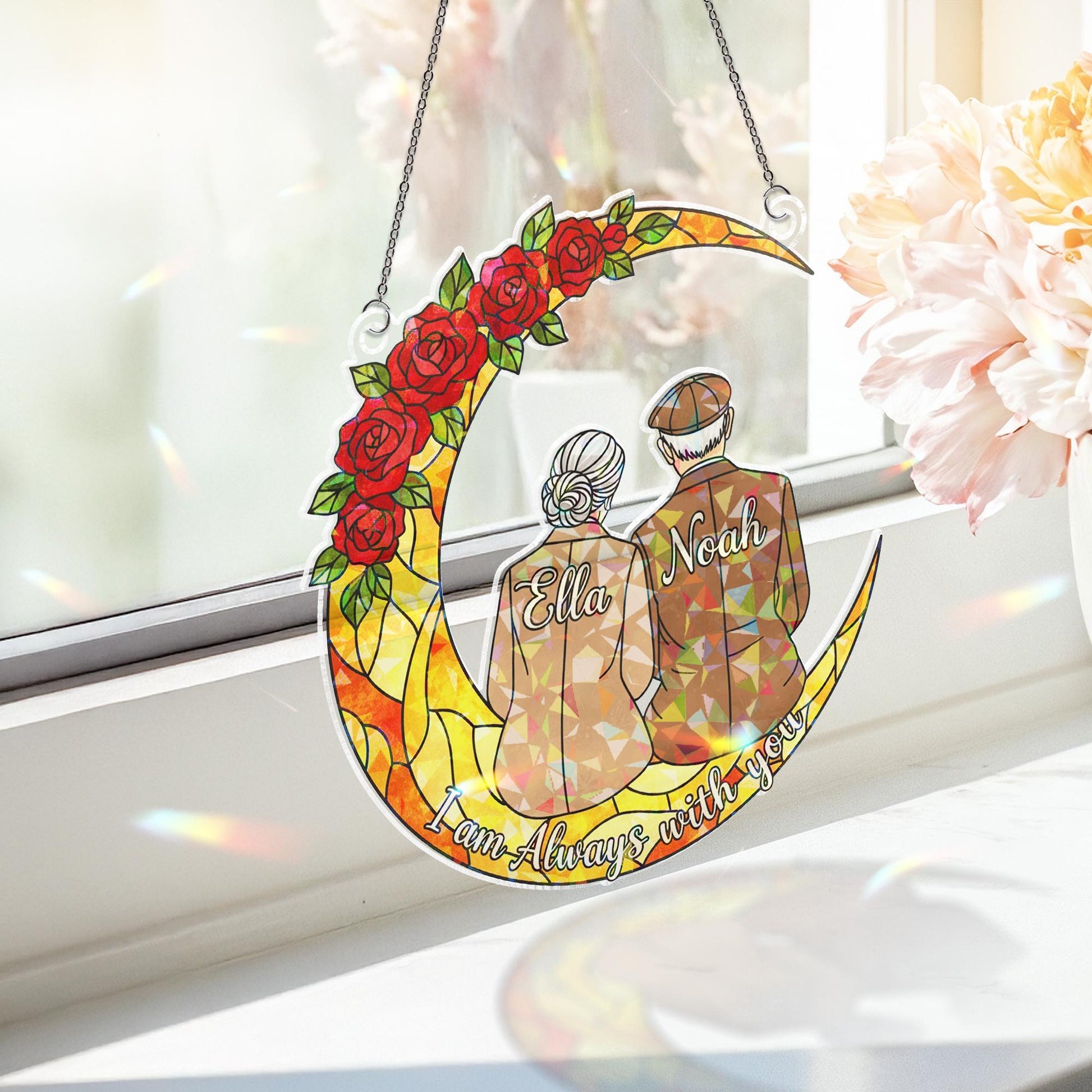 Personalization Acrylic Suncatcher: Elderly Couple on Crescent Moon with Floral Quote Design image 2
