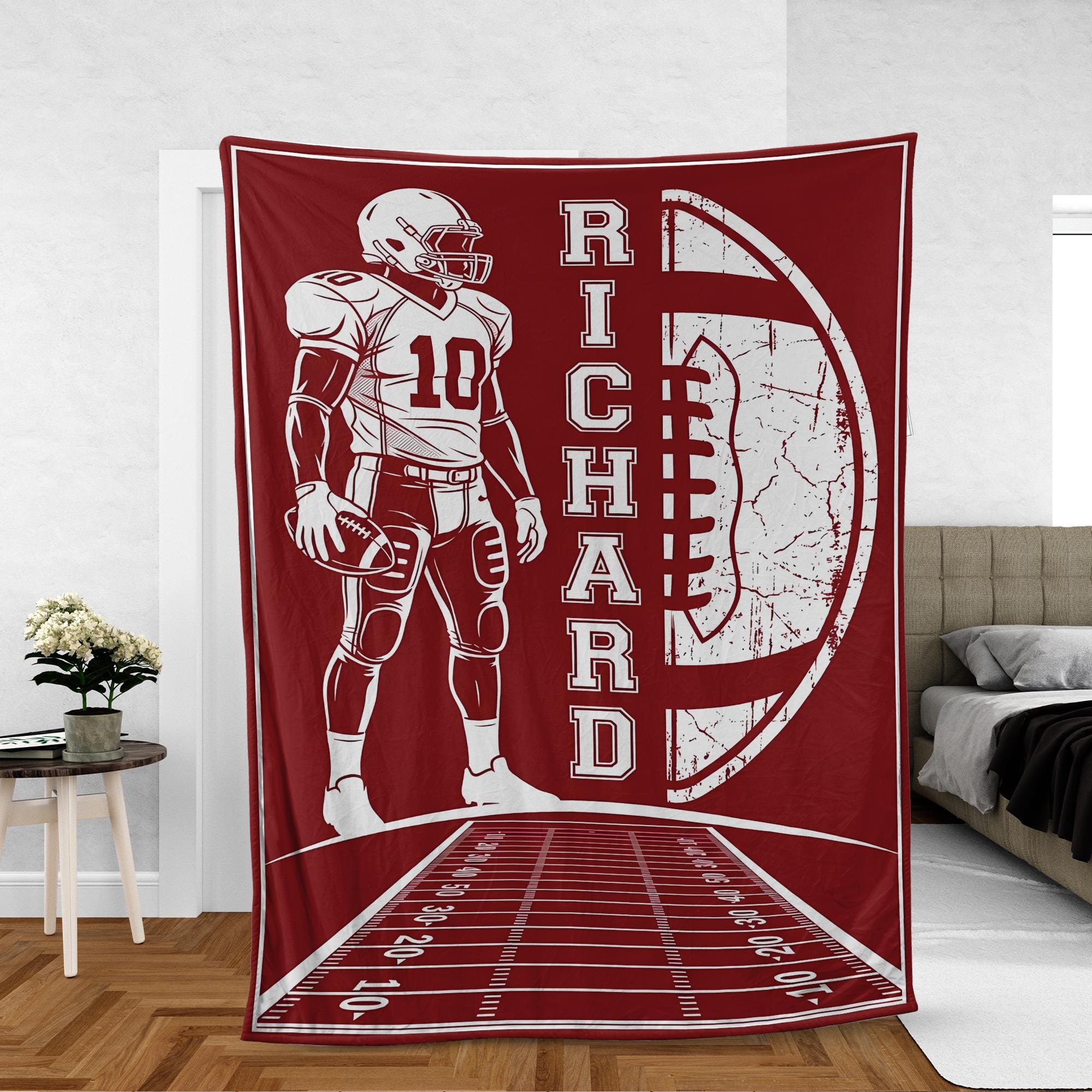 Personalized Fleece Blanket: Football Player Graphic with Name and Field Yard Line Design image 1