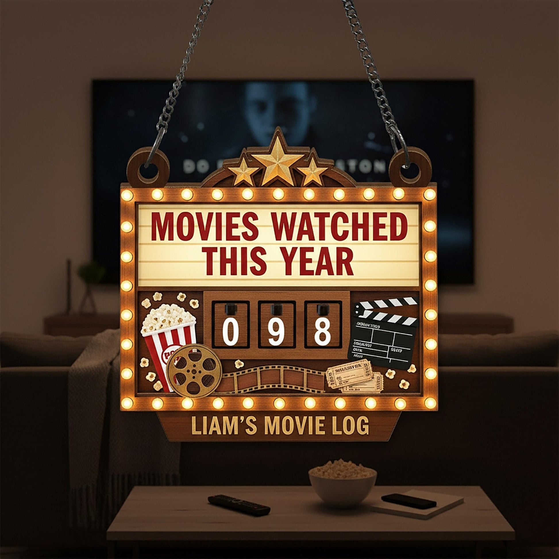 Wooden Movie Tracker Sign – “Movies Watched This Year” Flip Counter Board image 1