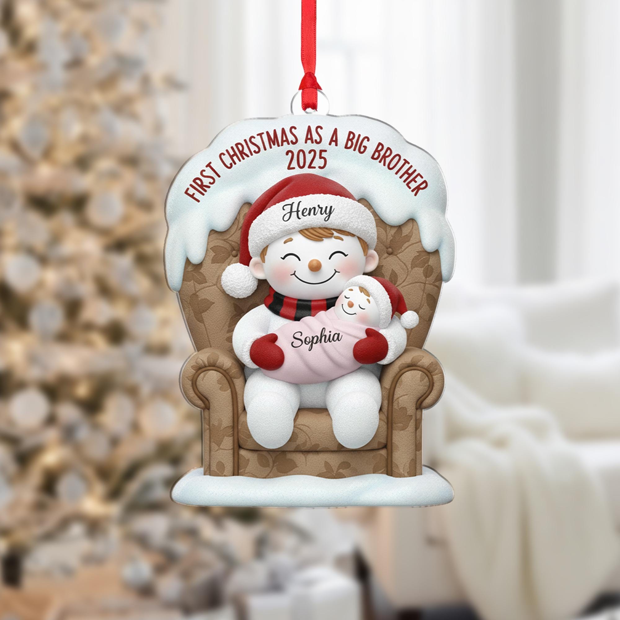 Personalized Christmas Ornament: Big Brother Announcement, Snowman Character, Sibling Names, Armchair Detail image 2