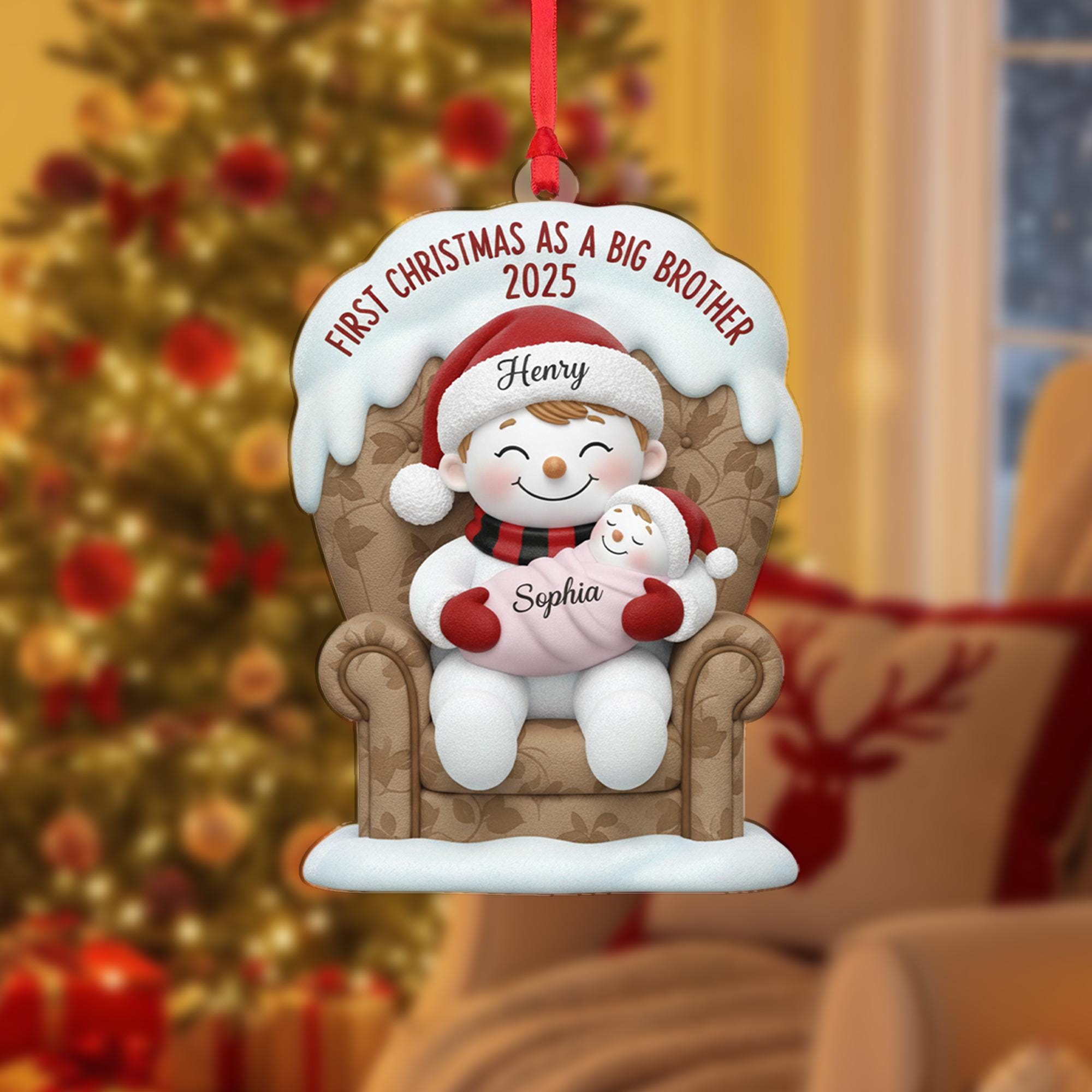 Personalized Christmas Ornament: Big Brother Announcement, Snowman Character, Sibling Names, Armchair Detail image 1