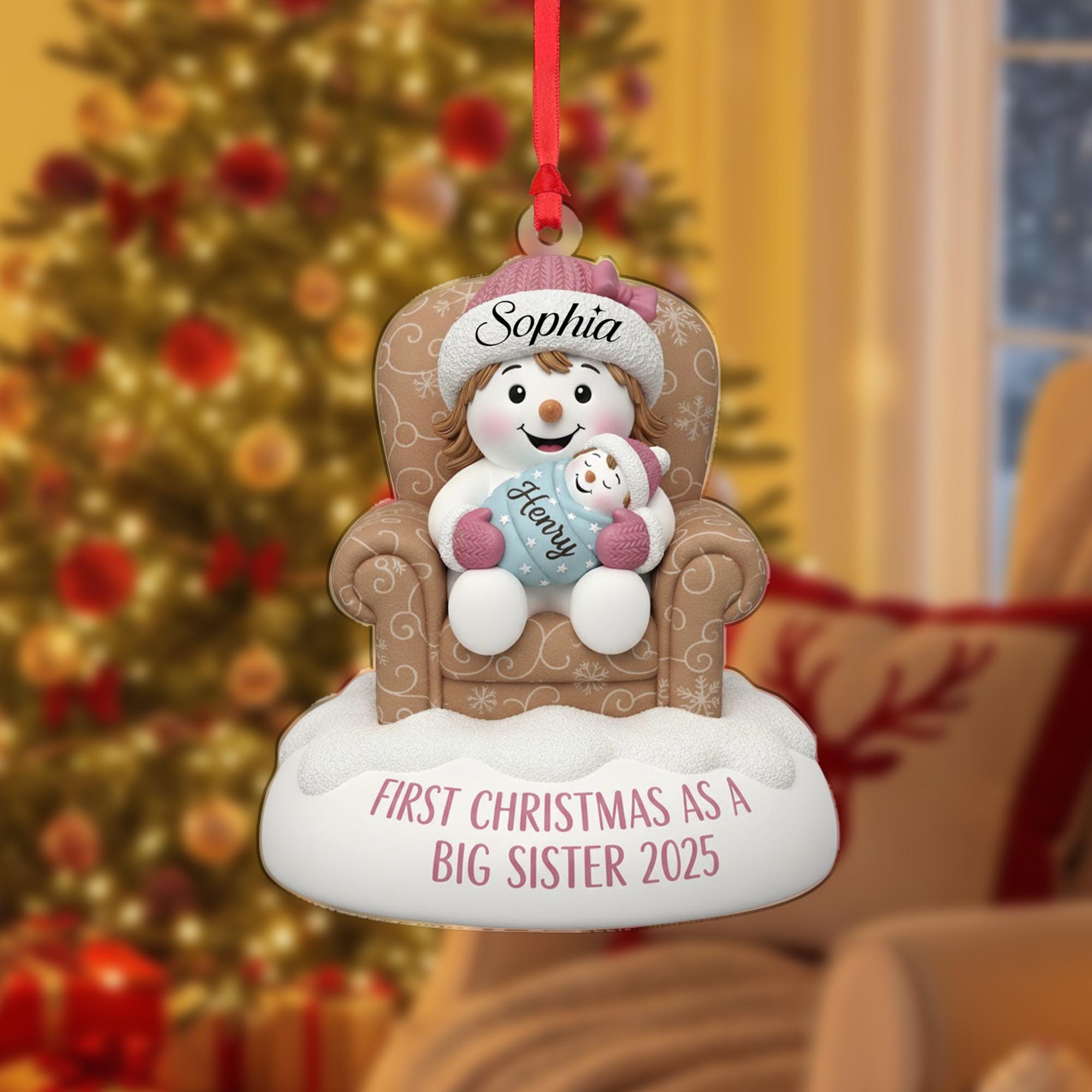 Personalized Christmas Ornament: Big Sister Announcement, Snow-woman Character, Sibling Names, Armchair Detail image 2