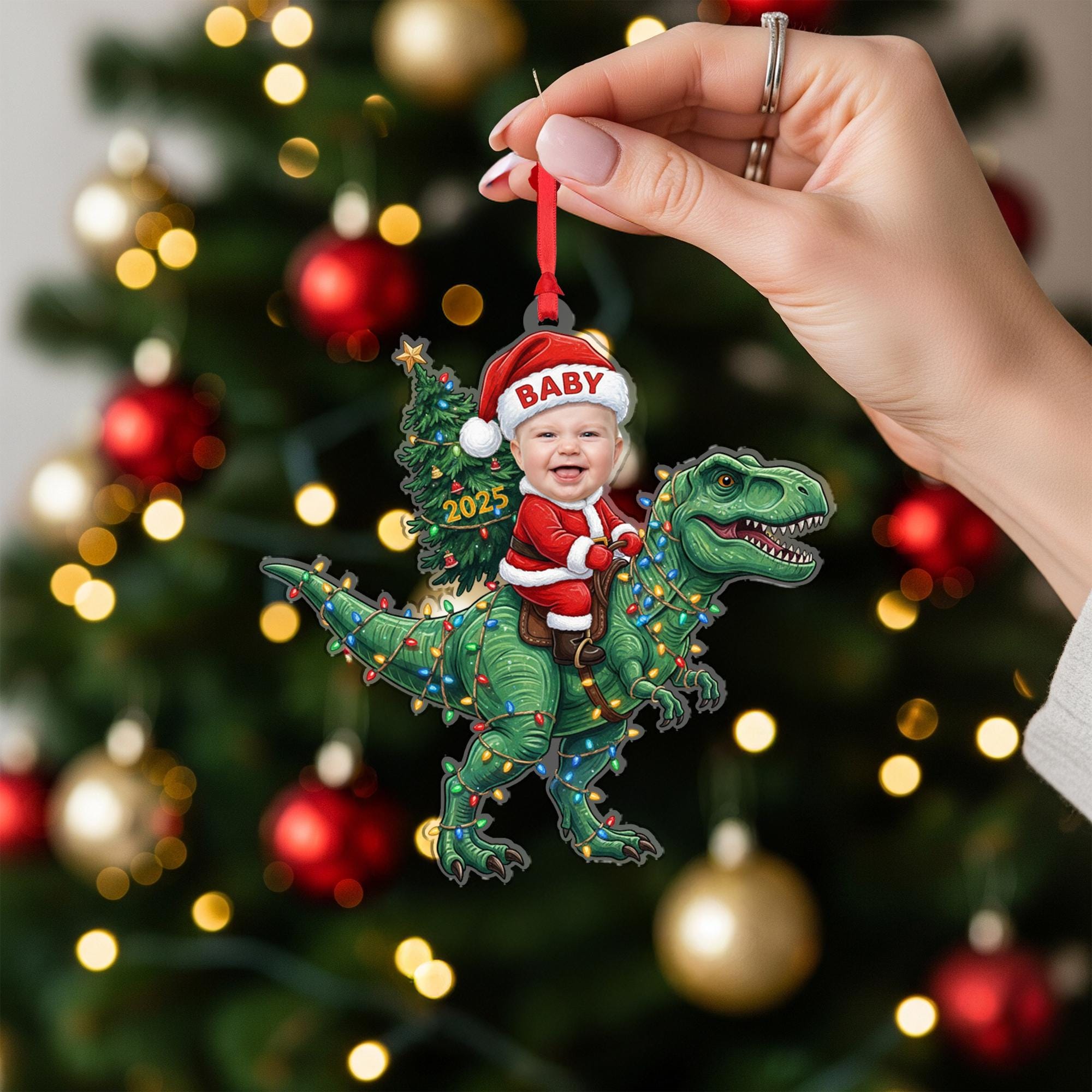 Custom Baby Photo Ornament – Dinosaur Christmas Decoration 2025, Personalized Holiday Keepsake for Tree image 2