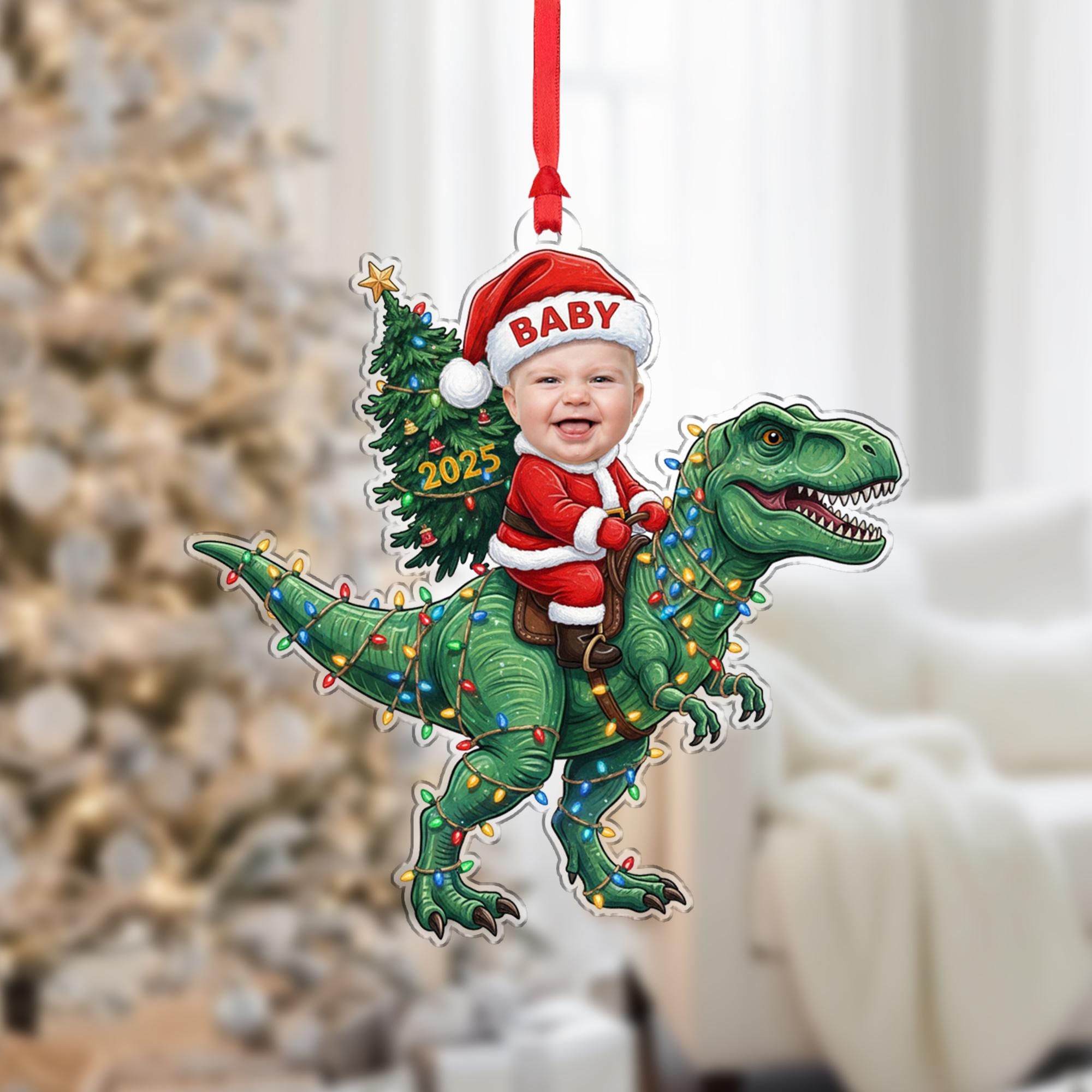 Custom Baby Photo Ornament – Dinosaur Christmas Decoration 2025, Personalized Holiday Keepsake for Tree image 1