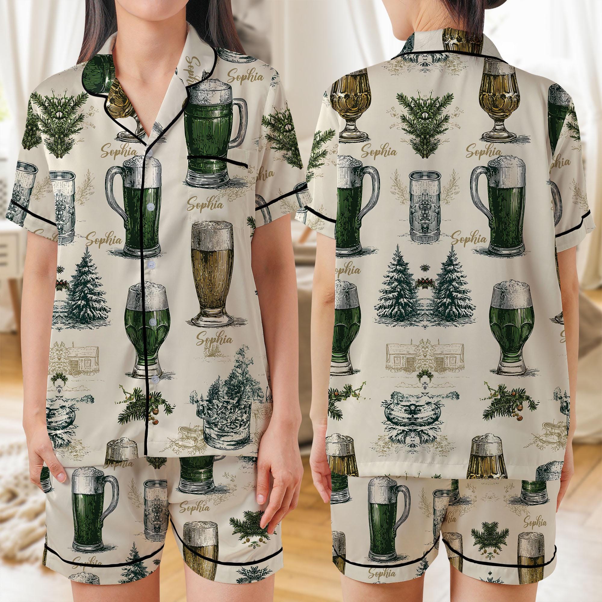 Satin Pajama Set: Sleepwear Short Sleeve Top, Beer Mug Holiday Print image 1