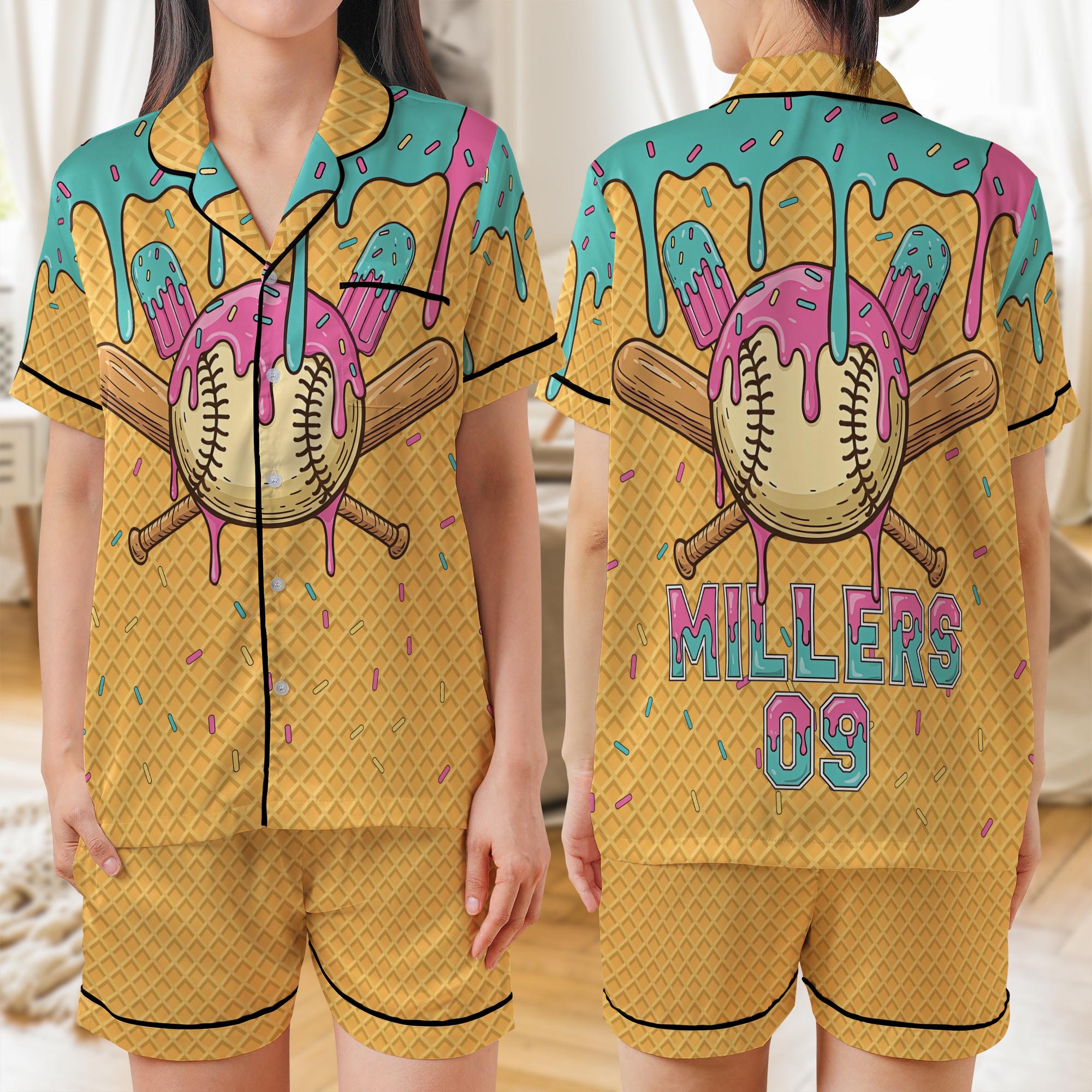Satin Pajama Set: Sleepwear Short Sleeve Top, Baseball Ice Cream Print image 1
