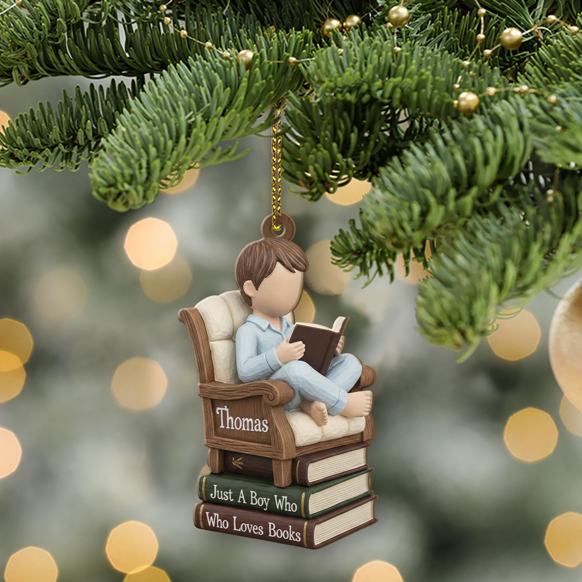 Personalized Boy Reading Ornament, Custom Name Book Stack Design, Reader Figurine Decoration image 1
