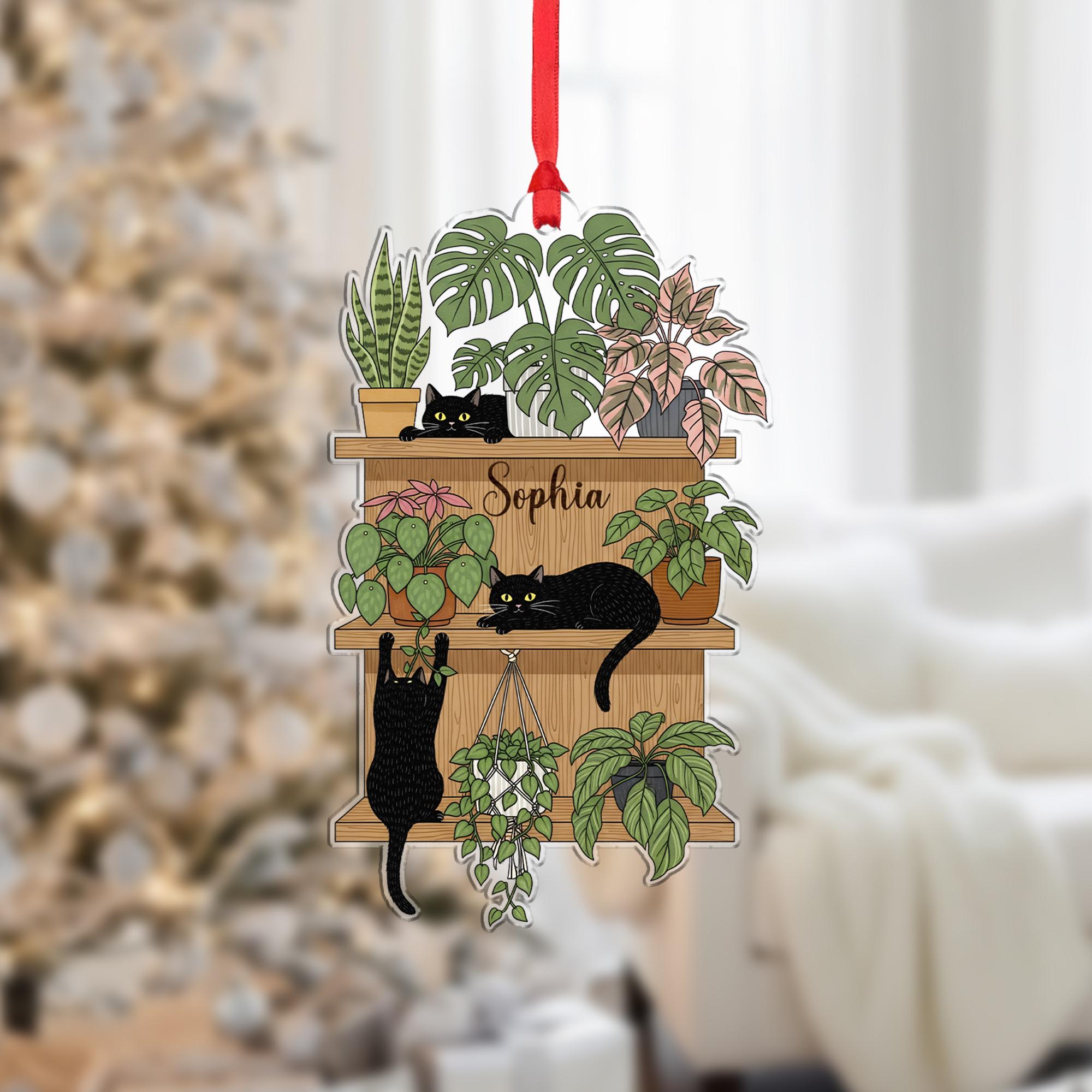 Personalized Black Cat Plant Shelf Acrylic Ornament: Custom Name Cat Mom Gift image 1
