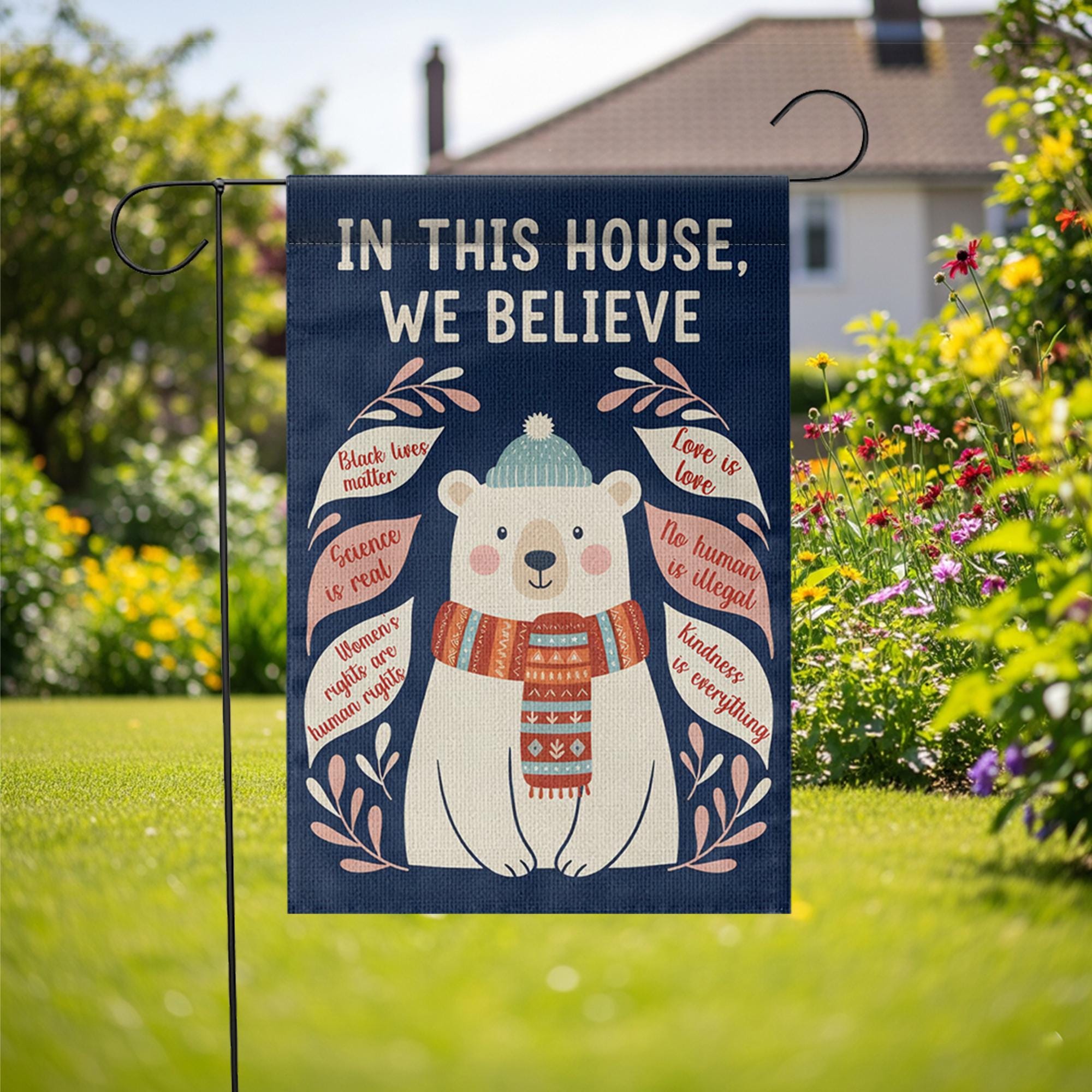 Winter Polar Bear Garden Flag - Inclusive House Rules, Outdoor Yard Decor Sign image 1