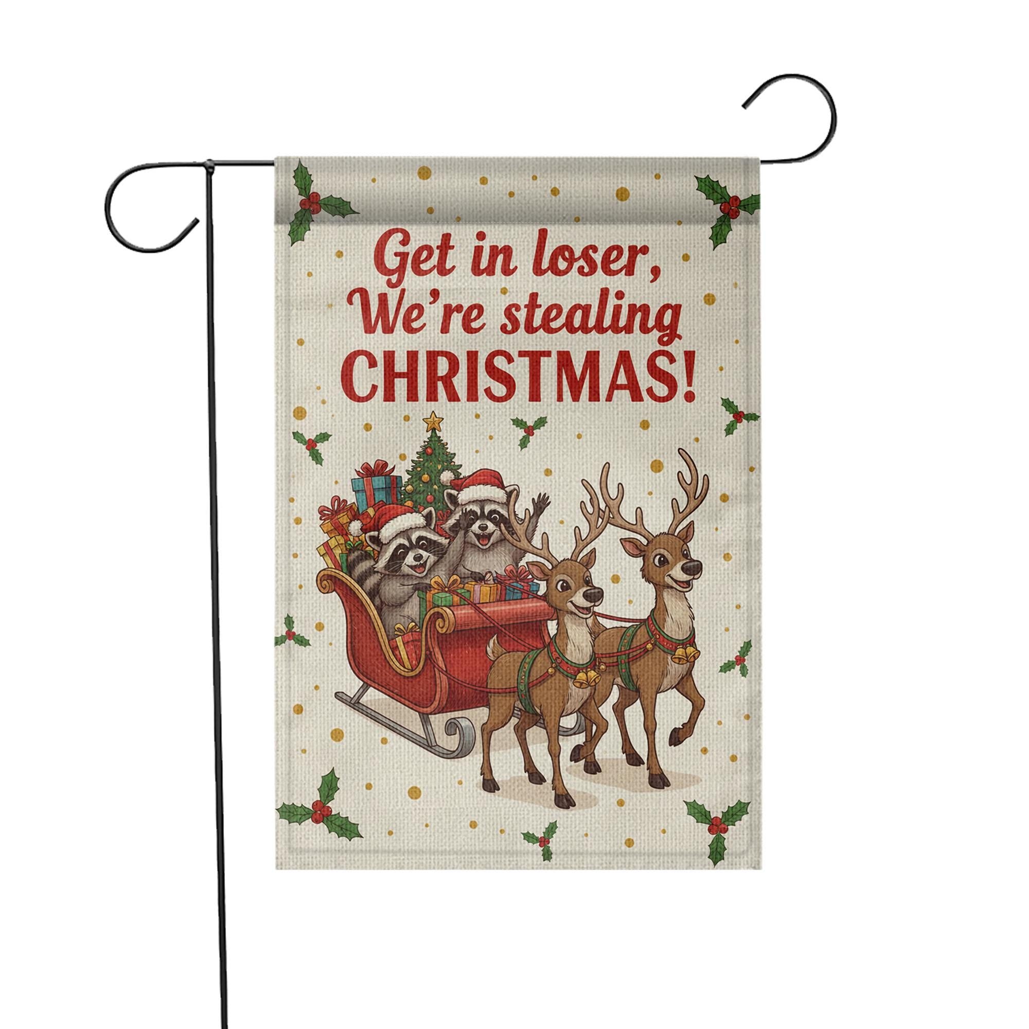 Funny Christmas Garden Flag - Snowy Raccoon Sleigh Holiday Decor image 2