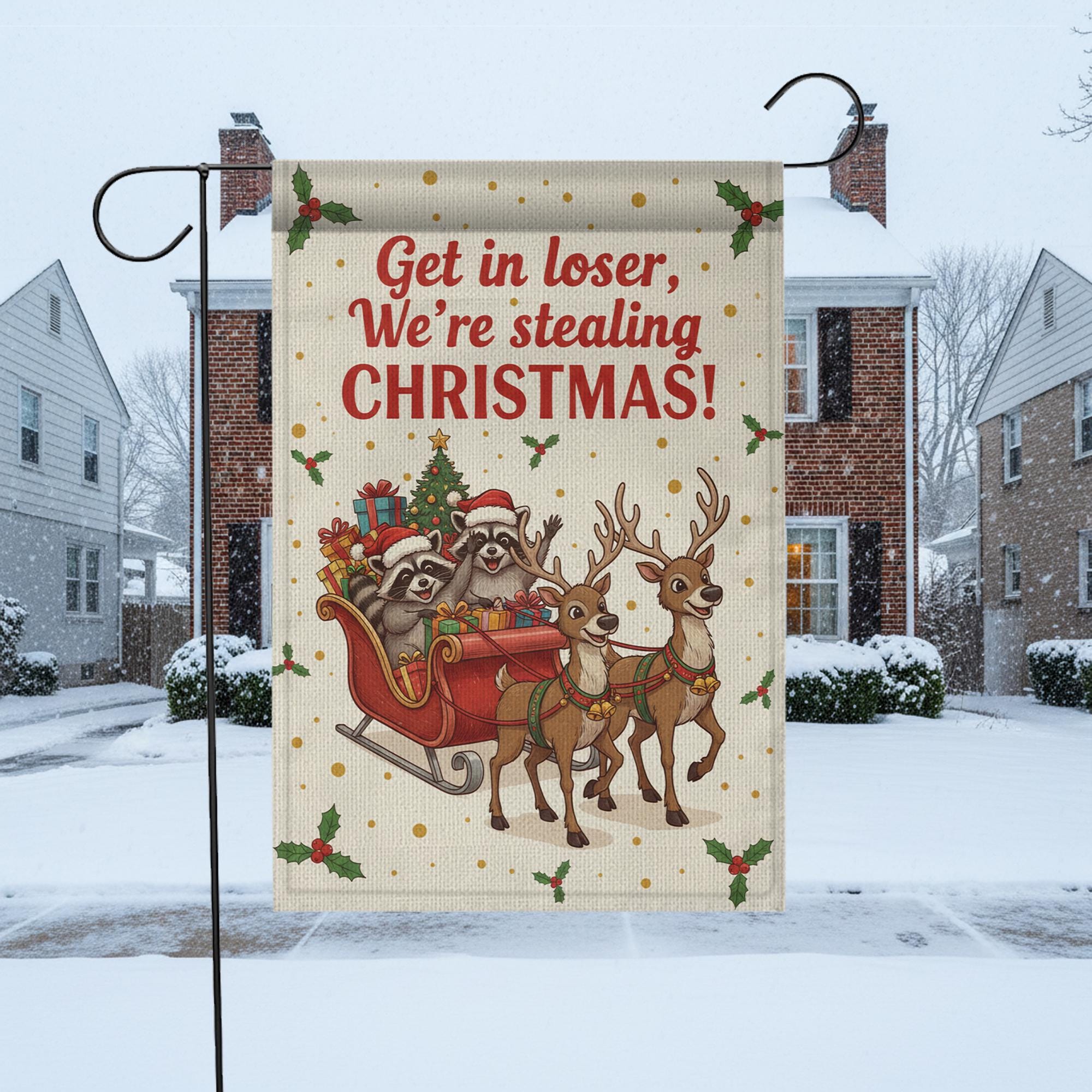 Funny Christmas Garden Flag - Snowy Raccoon Sleigh Holiday Decor image 1