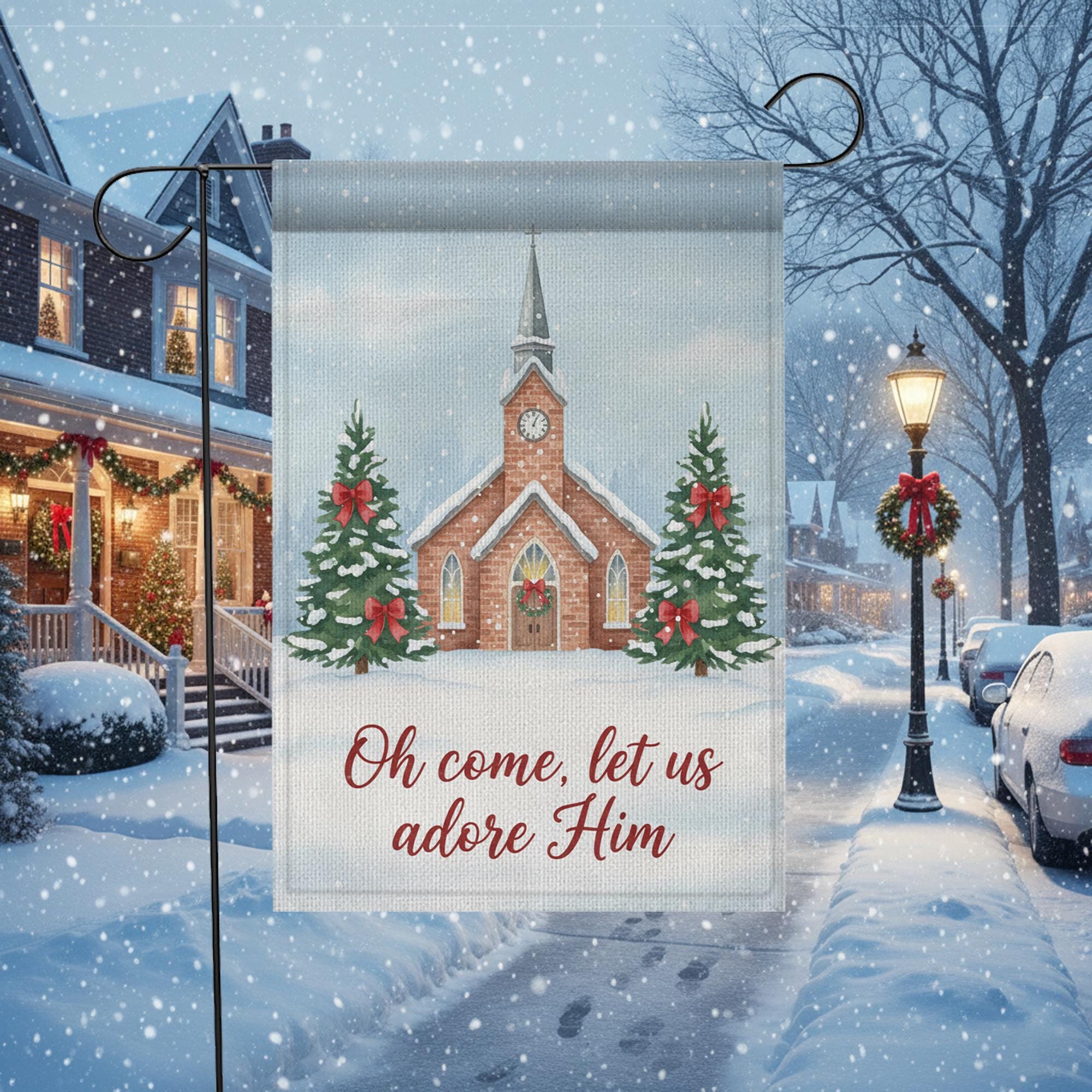 Religious Christmas Garden Flag - Church Scene Winter Decor, Adore Him Yard Sign image 1