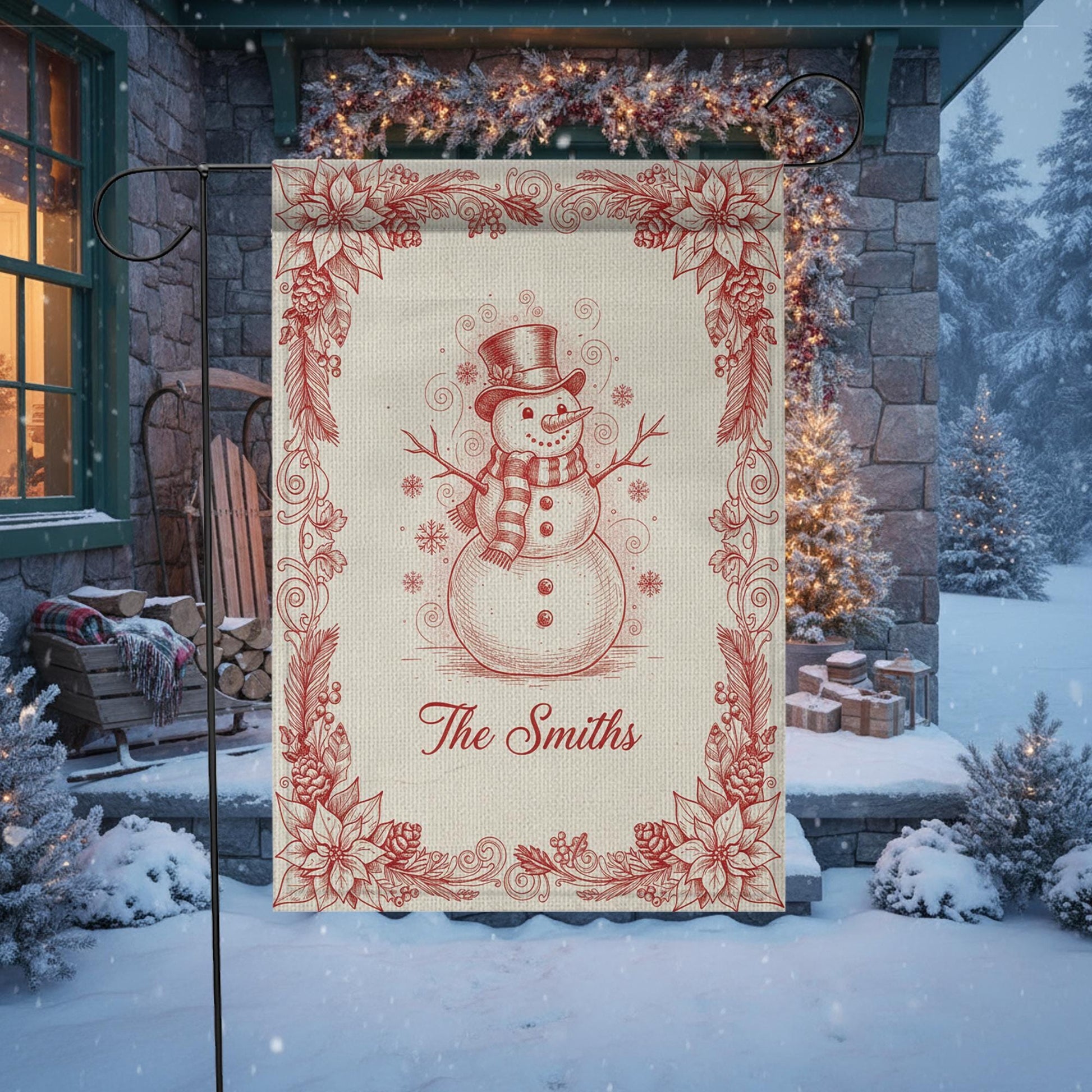 Personalized Snowman Garden Flag - Winter Holiday Decor, Custom Family Yard Sign image 1