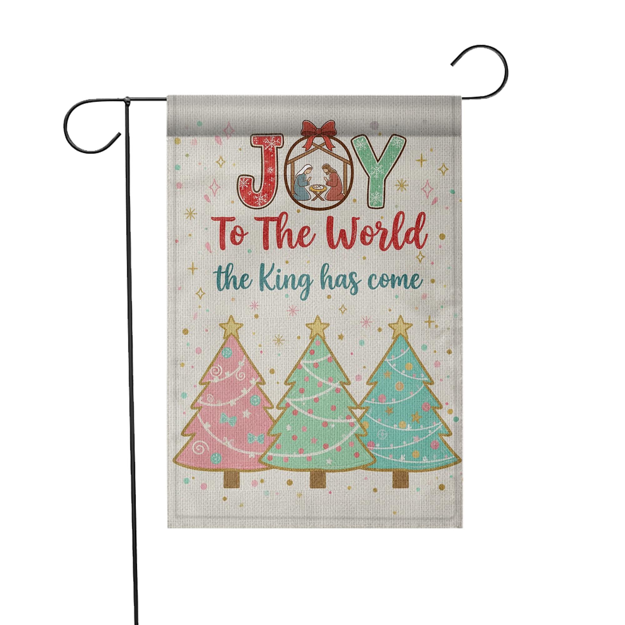 JOY to the World Garden Flag – Nativity Christmas Yard Decor with Trees & Snowman image 2