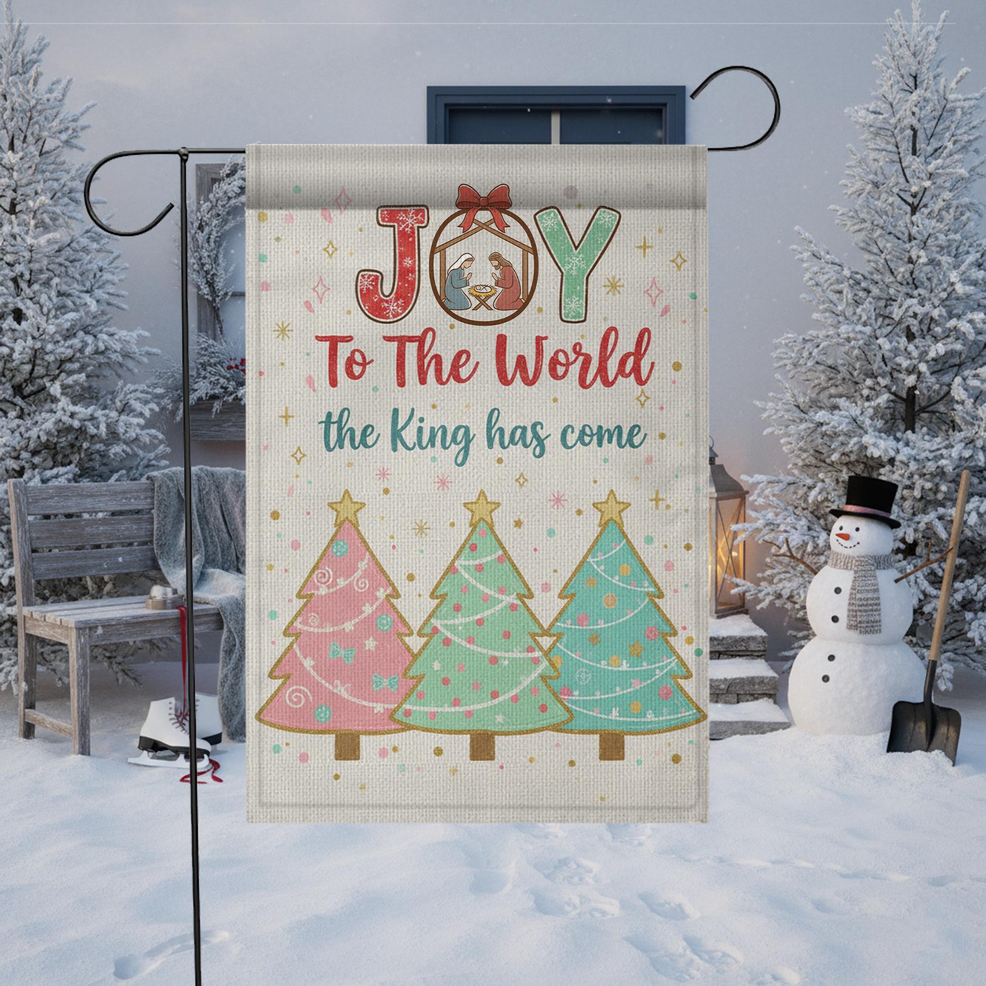 JOY to the World Garden Flag – Nativity Christmas Yard Decor with Trees & Snowman image 1