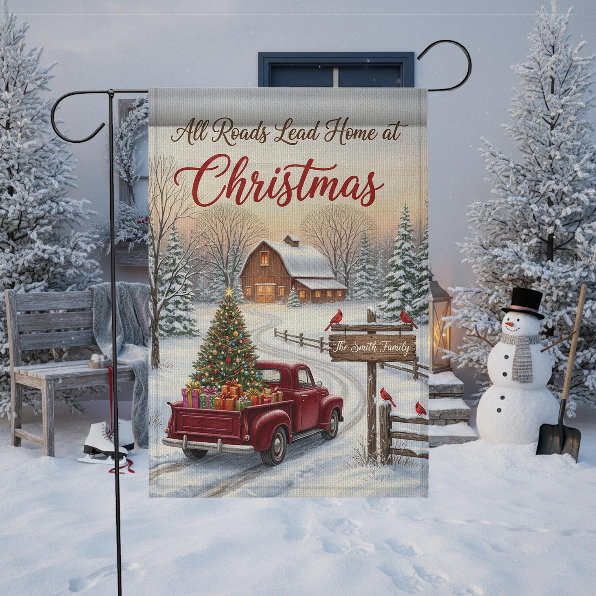 Vintage Truck Garden Flag – Personalized Christmas Yard Decor with Snow & Cardinals image 1