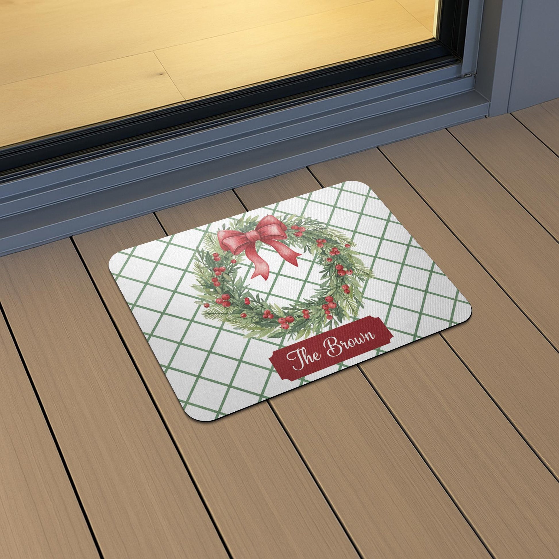 Personalised Doormat – Holiday Wreath Print, Evergreen Red Bow Grid Design image 5