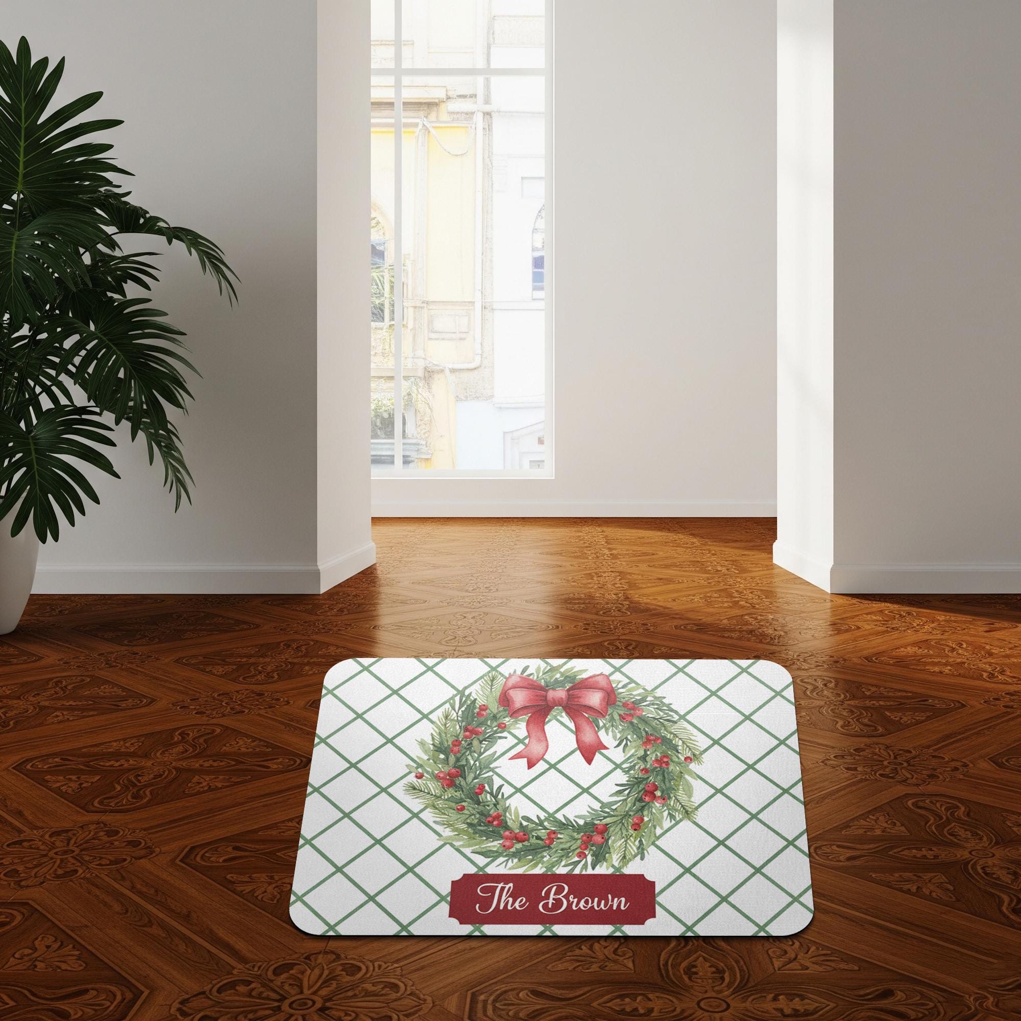 Personalised Doormat – Holiday Wreath Print, Evergreen Red Bow Grid Design image 3