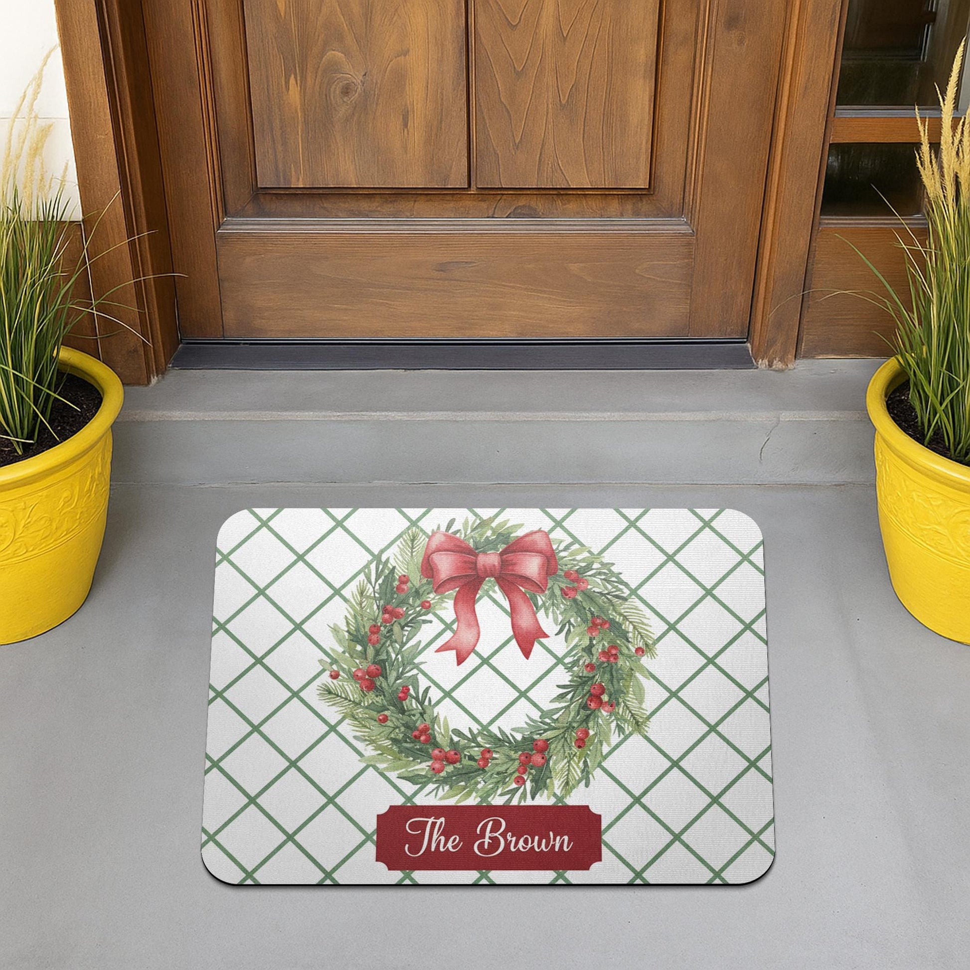 Personalised Doormat – Holiday Wreath Print, Evergreen Red Bow Grid Design image 2