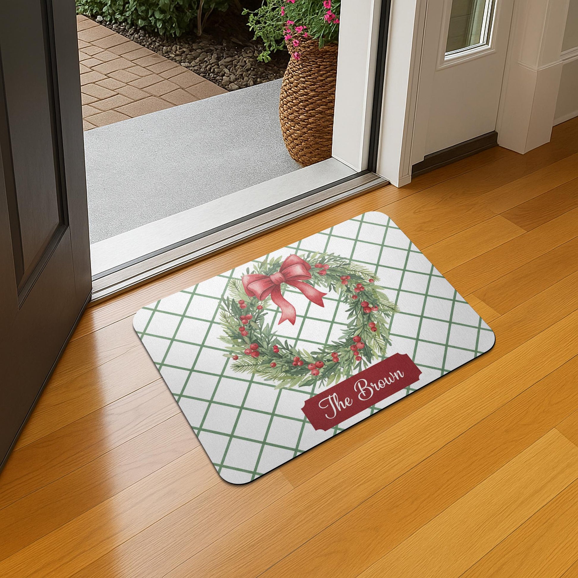 Personalised Doormat – Holiday Wreath Print, Evergreen Red Bow Grid Design image 4