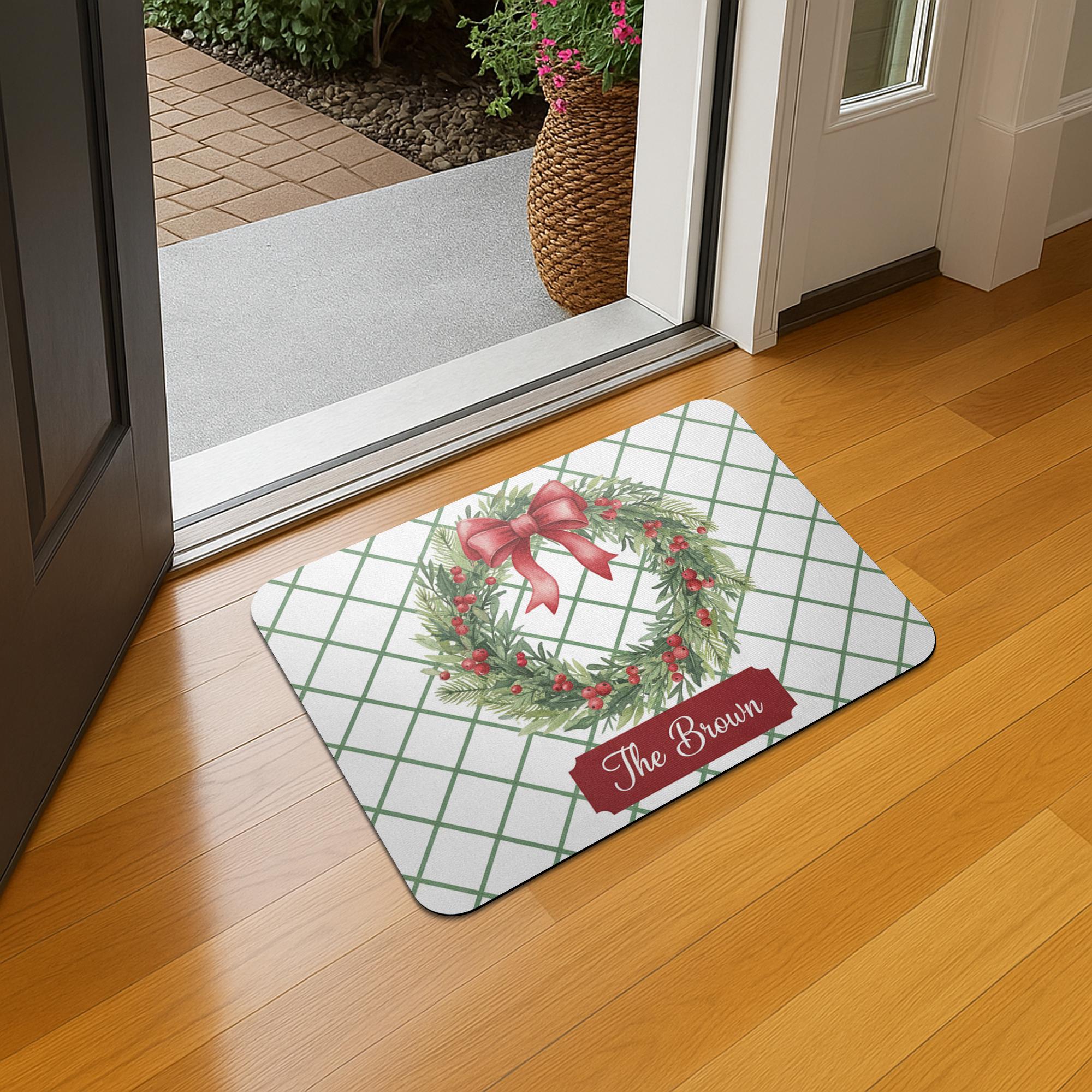 Personalised Doormat – Holiday Wreath Print, Evergreen Red Bow Grid Design image 4