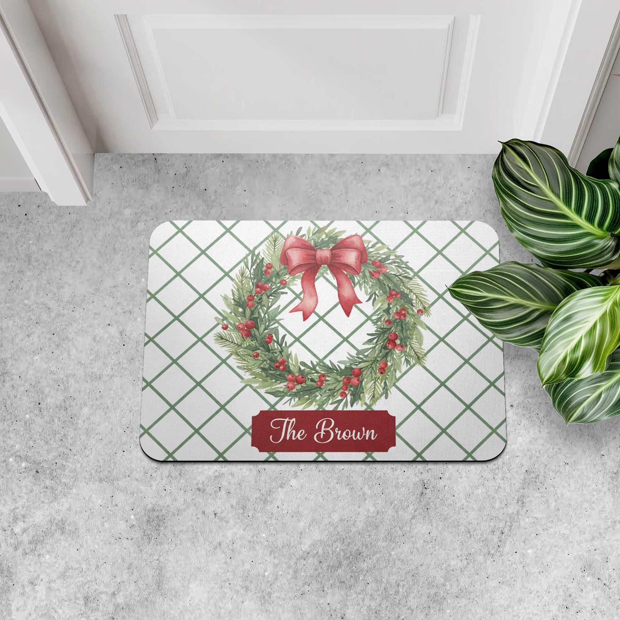 Personalised Doormat – Holiday Wreath Print, Evergreen Red Bow Grid Design image 8