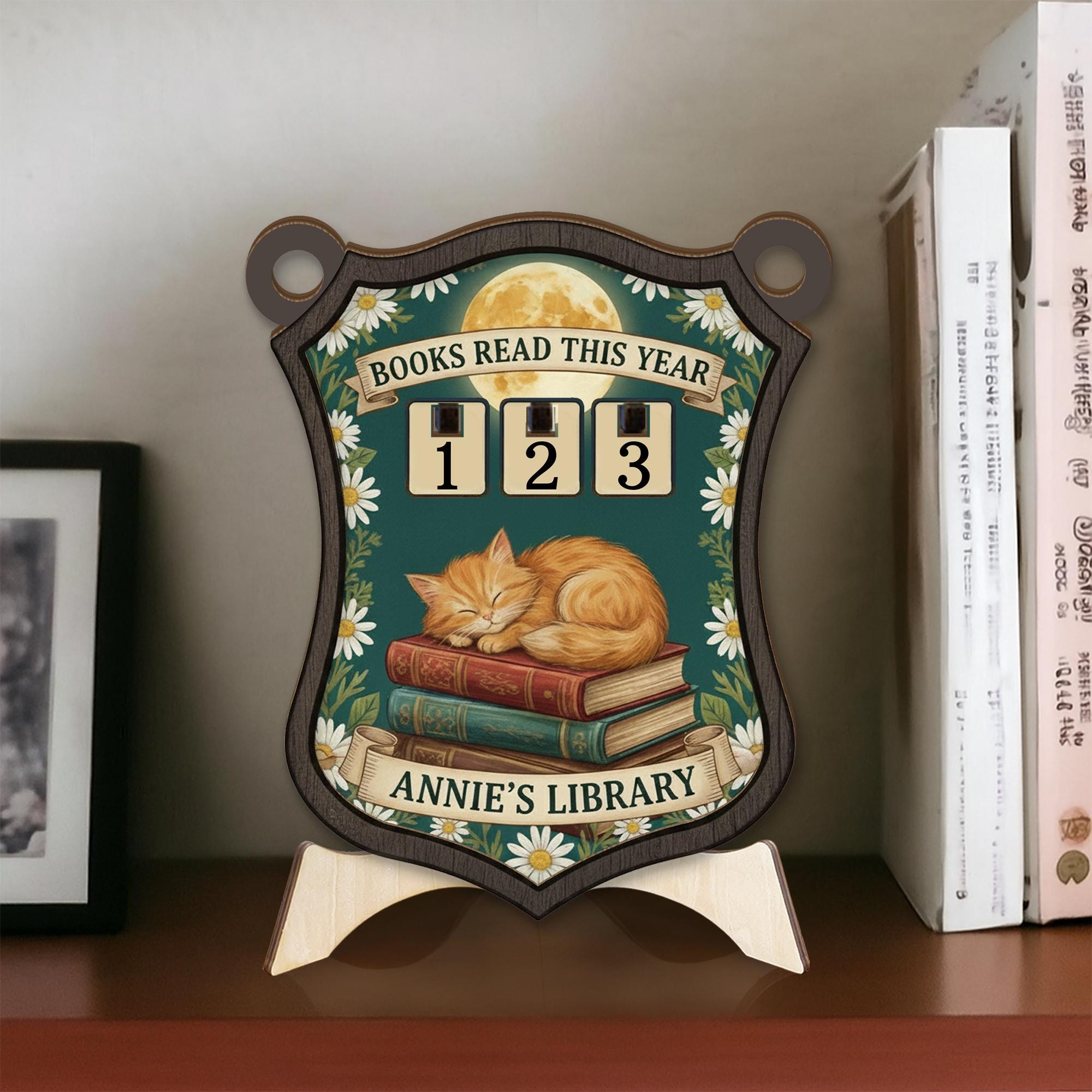 Books Read Tracker – Hanging Library Sign with Flip Counter & Cat Illustration image 2
