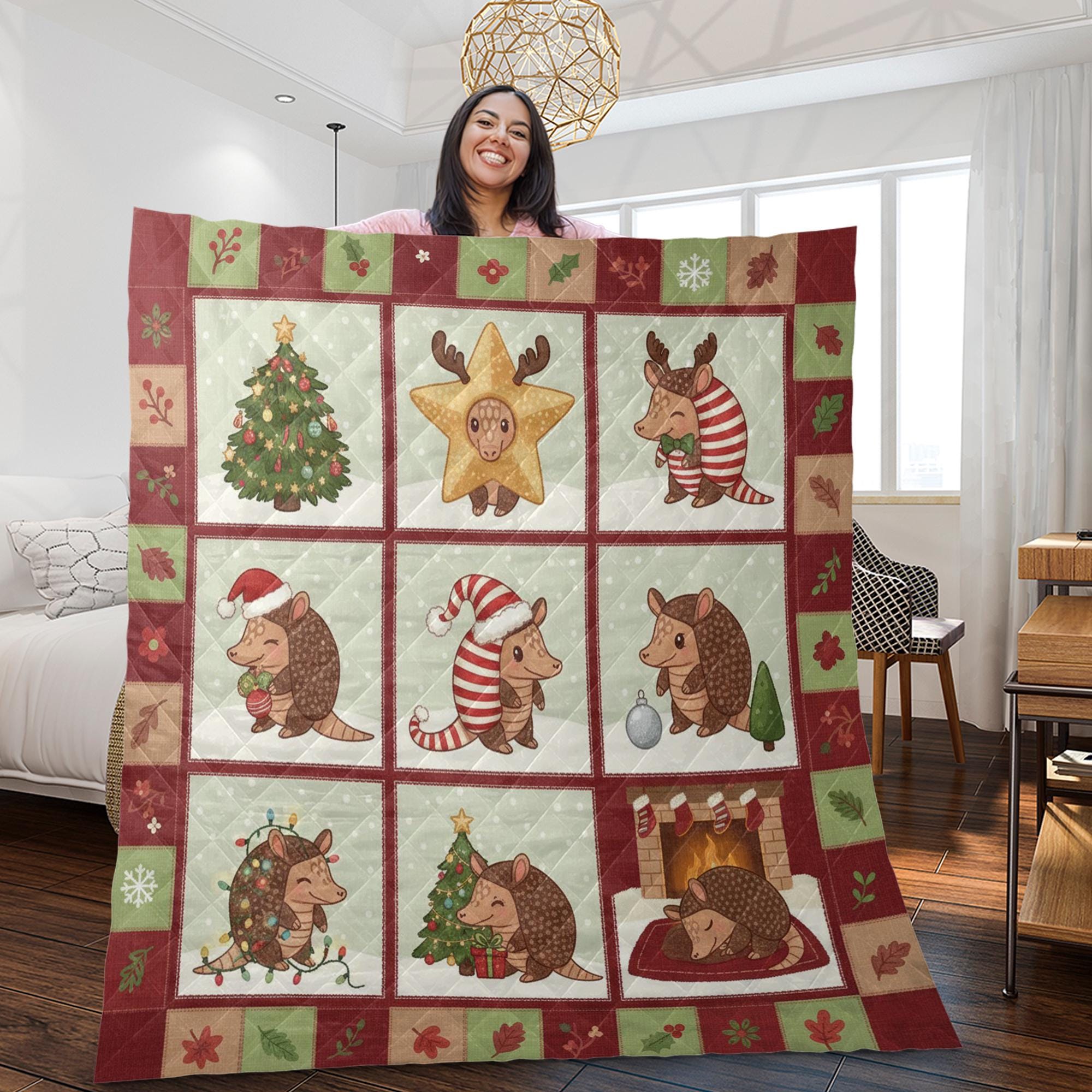 Armadillo Quilt Blanket, Christmas Cartoon Animal Throw, Holiday Nine Patch Bedding Decor image 1