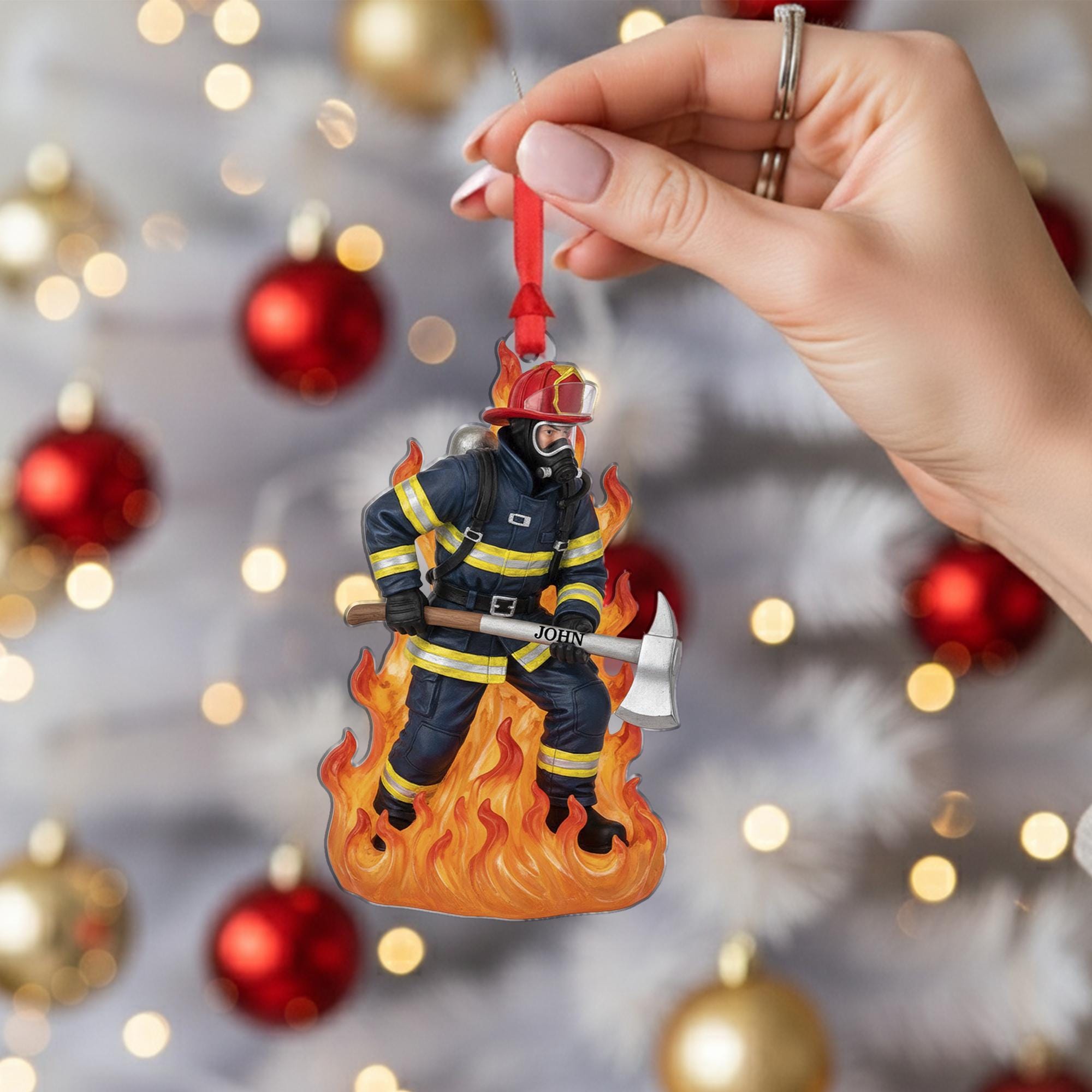 Personalized Firefighter Ornament – Custom Name, Fire Axe & Flames Tree Decoration image 2