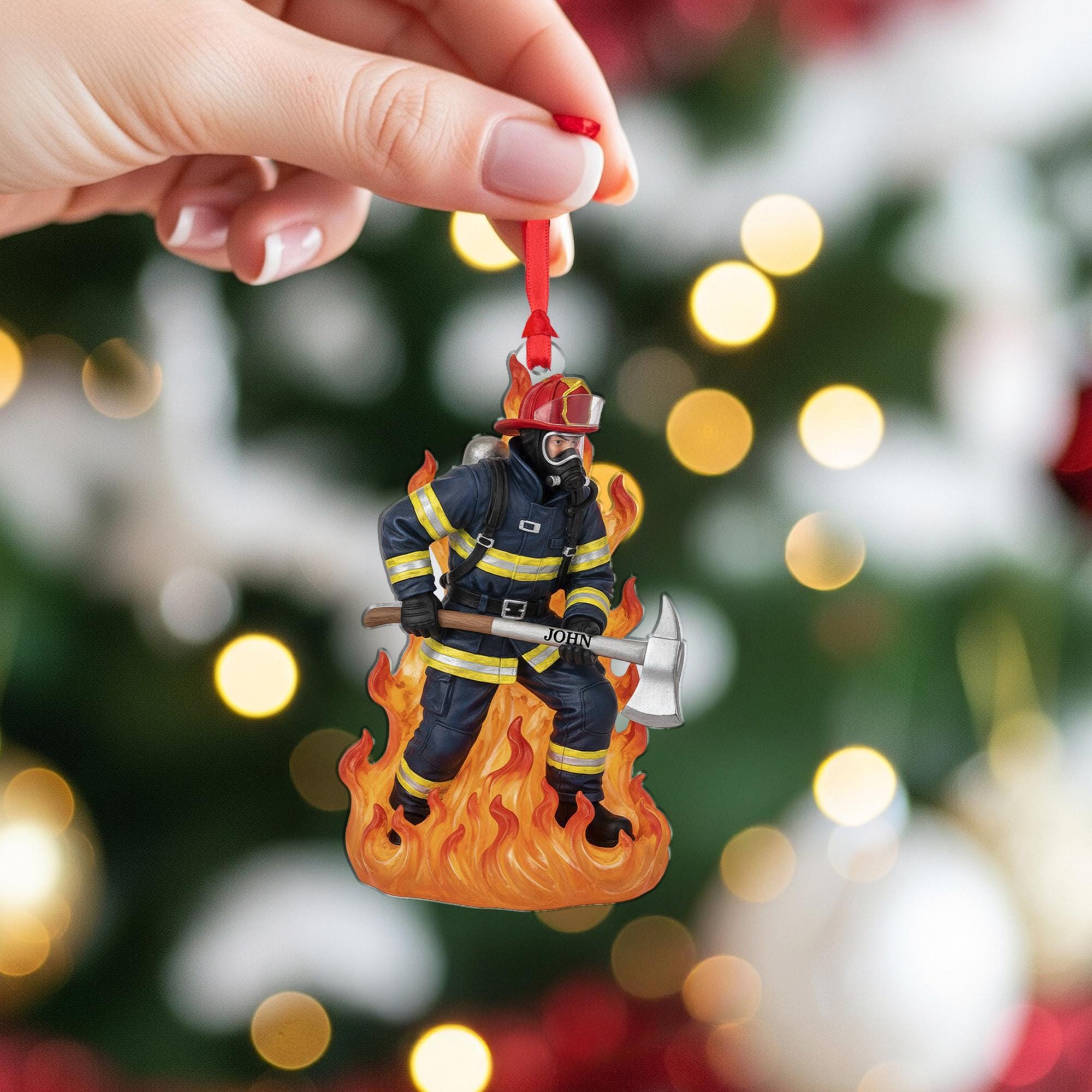 Personalized Firefighter Ornament – Custom Name, Fire Axe & Flames Tree Decoration image 1