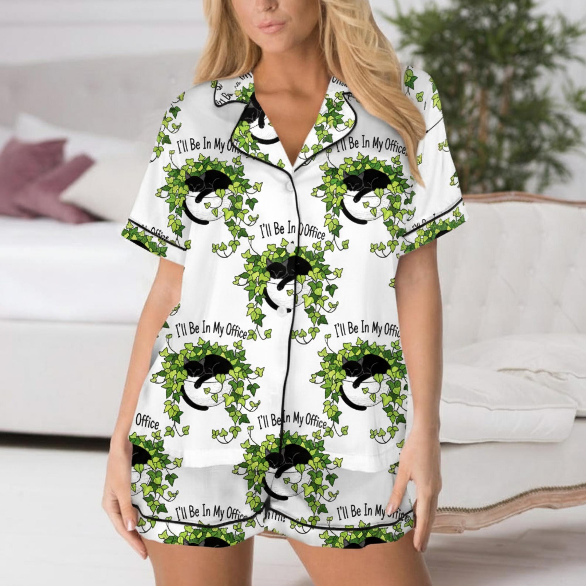 Ivy Plant & Cat Satin Pajama Set – Short Sleeve Button Sleepwear image 1