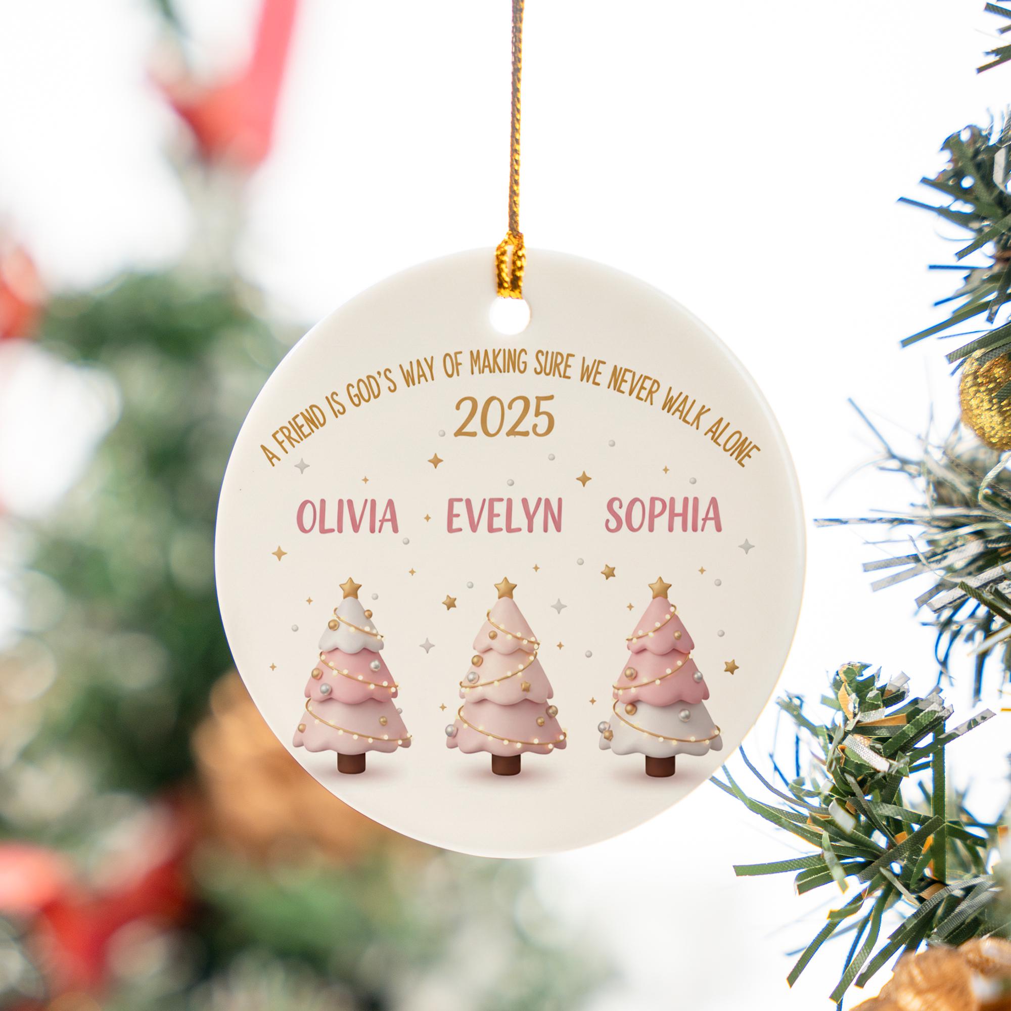 Personalized Friend Group Ornament, Custom Names 2025 Ceramic Keepsake, Pink Christmas Trees image 2