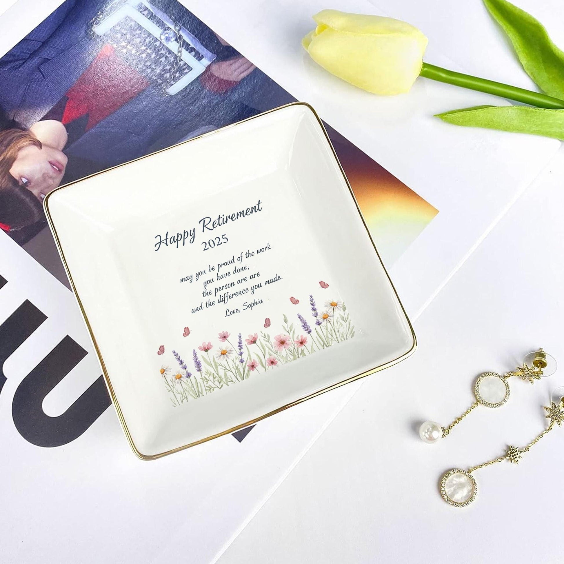 Custom Retirement Ceramic Jewelry Tray: Personalized Floral Ring Dish image 1