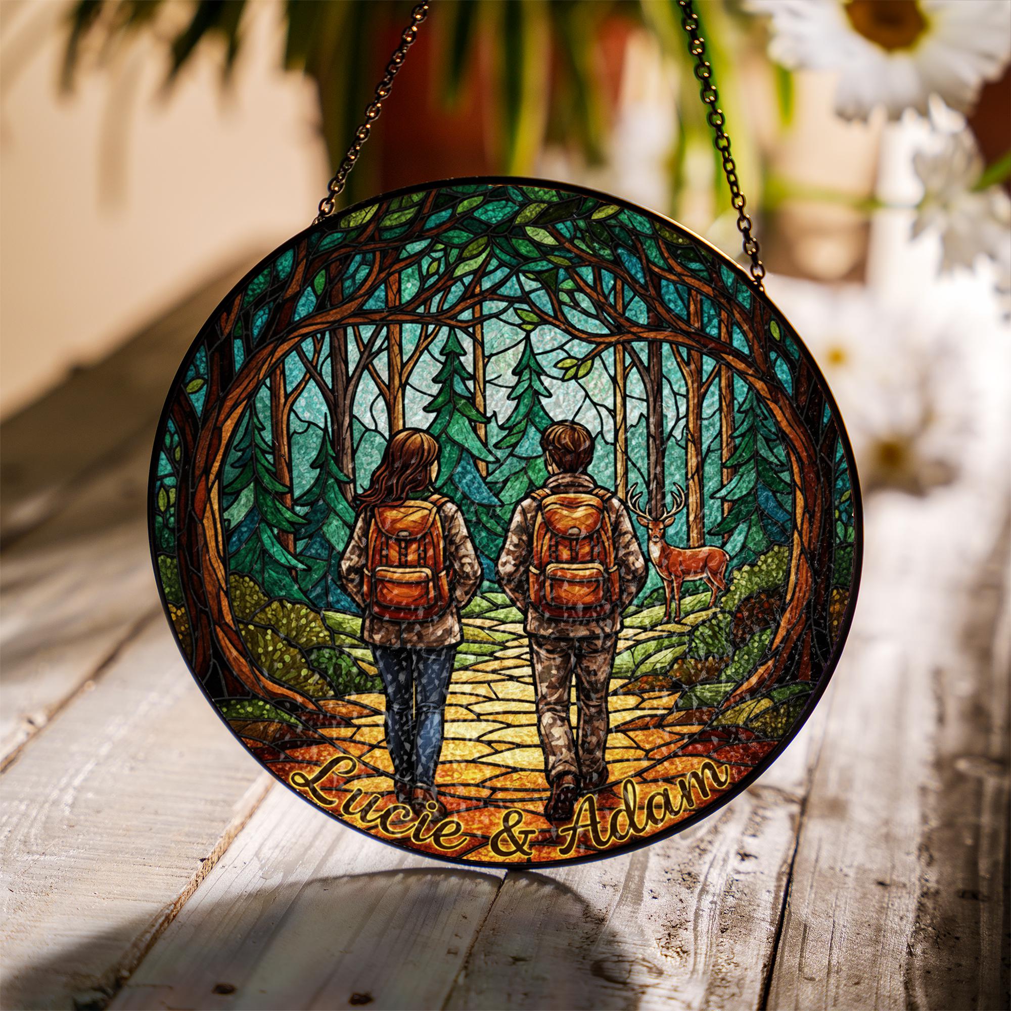 Custom Hunting Couple Glass Suncatcher: Personalized Forest Scene Window Art image 1
