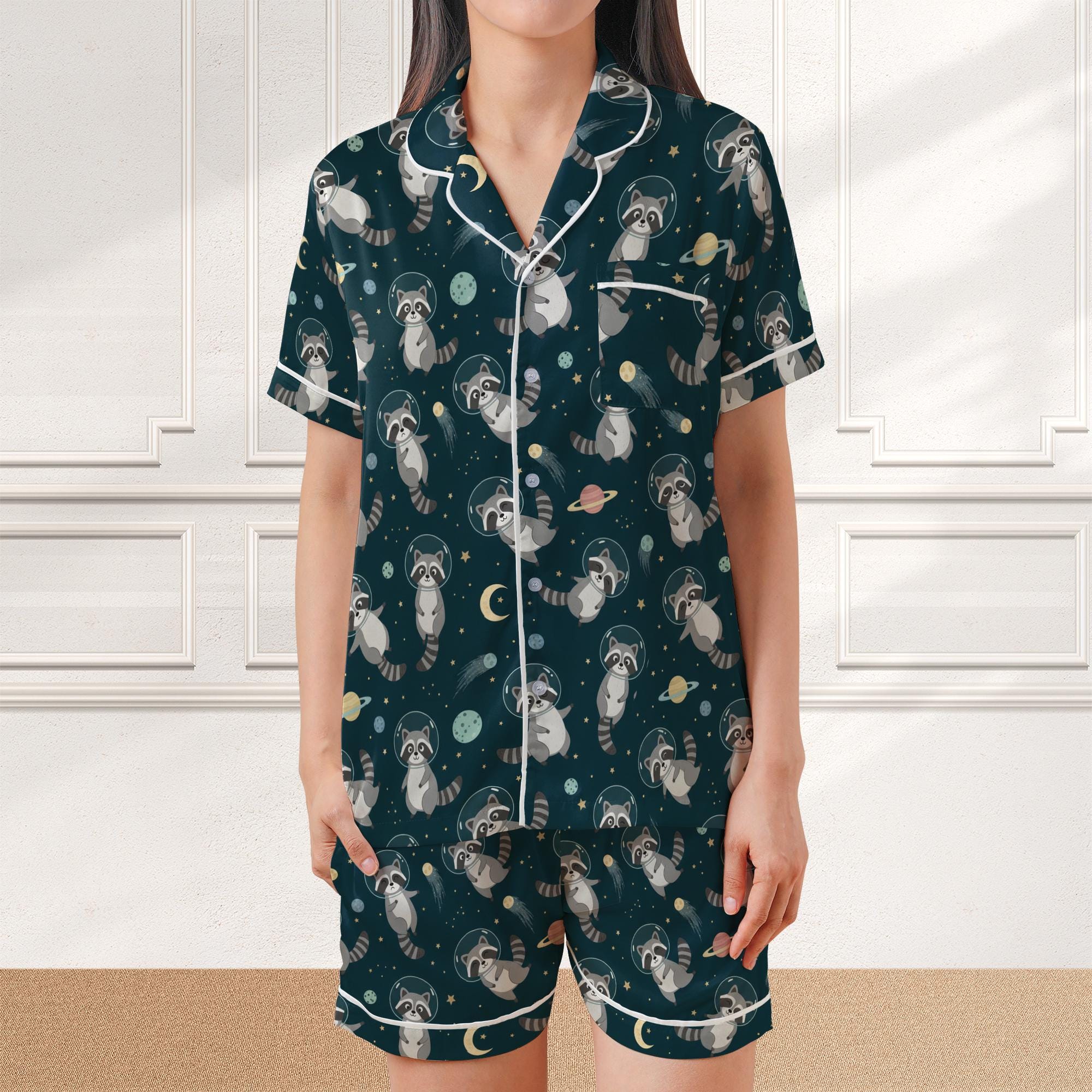 Satin Pajama Set: Navy Astronaut Raccoon Sleepwear image 2