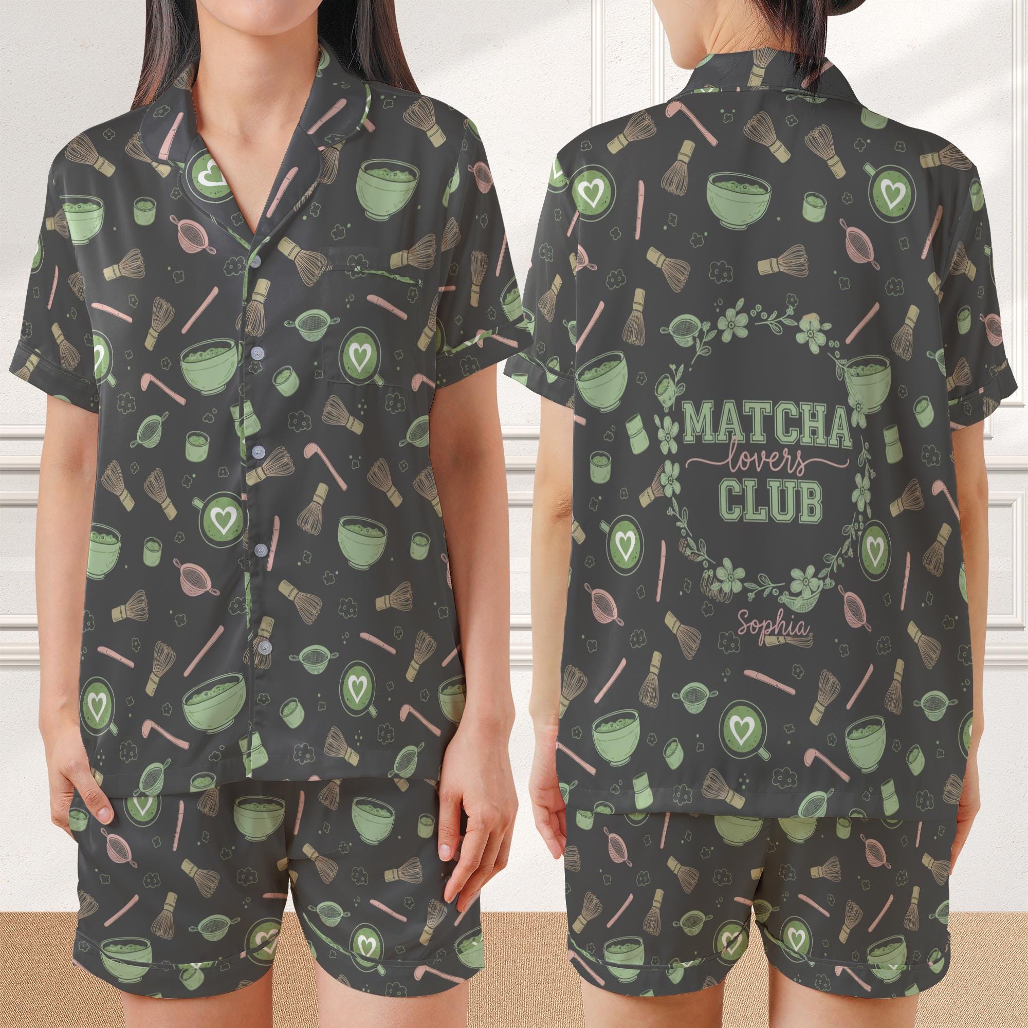 Personalized Satin Pajama Set: Matcha Lovers Club, Green Tea Pattern image 1