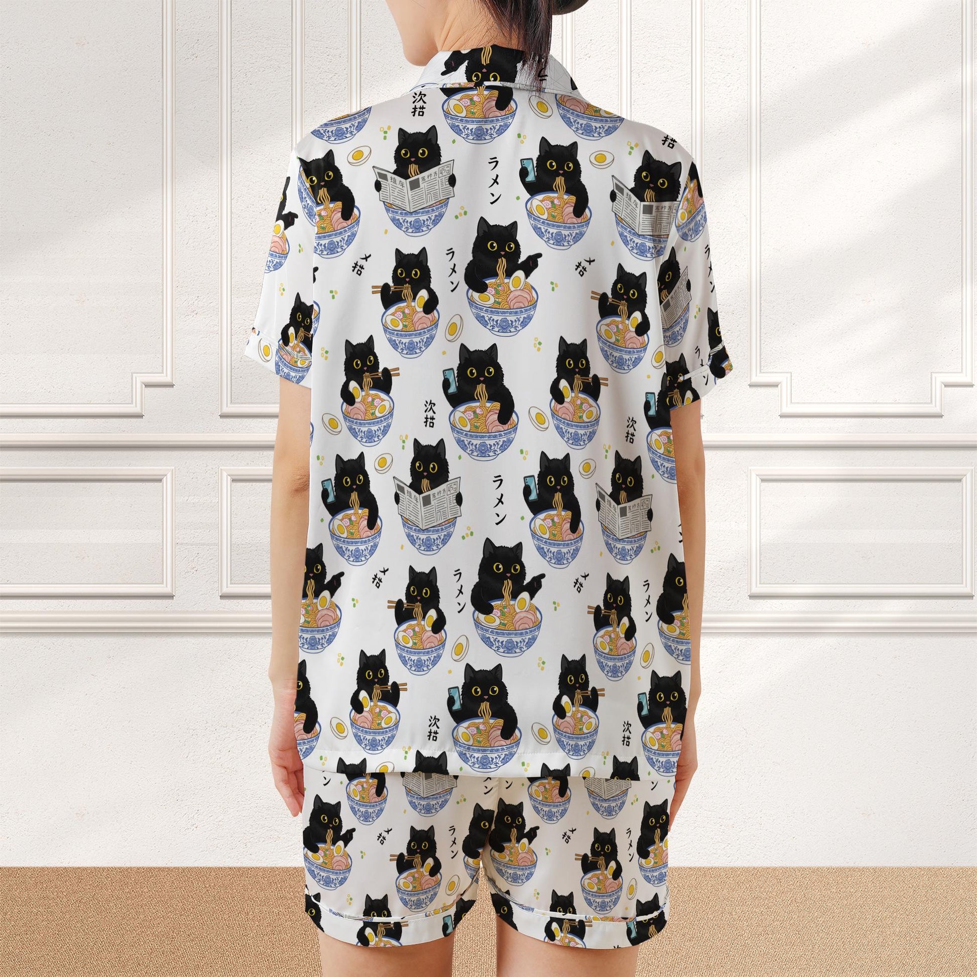 Satin Pajama Set: Black Cat Eating Ramen Print, Short Sleeve Sleepwear image 3