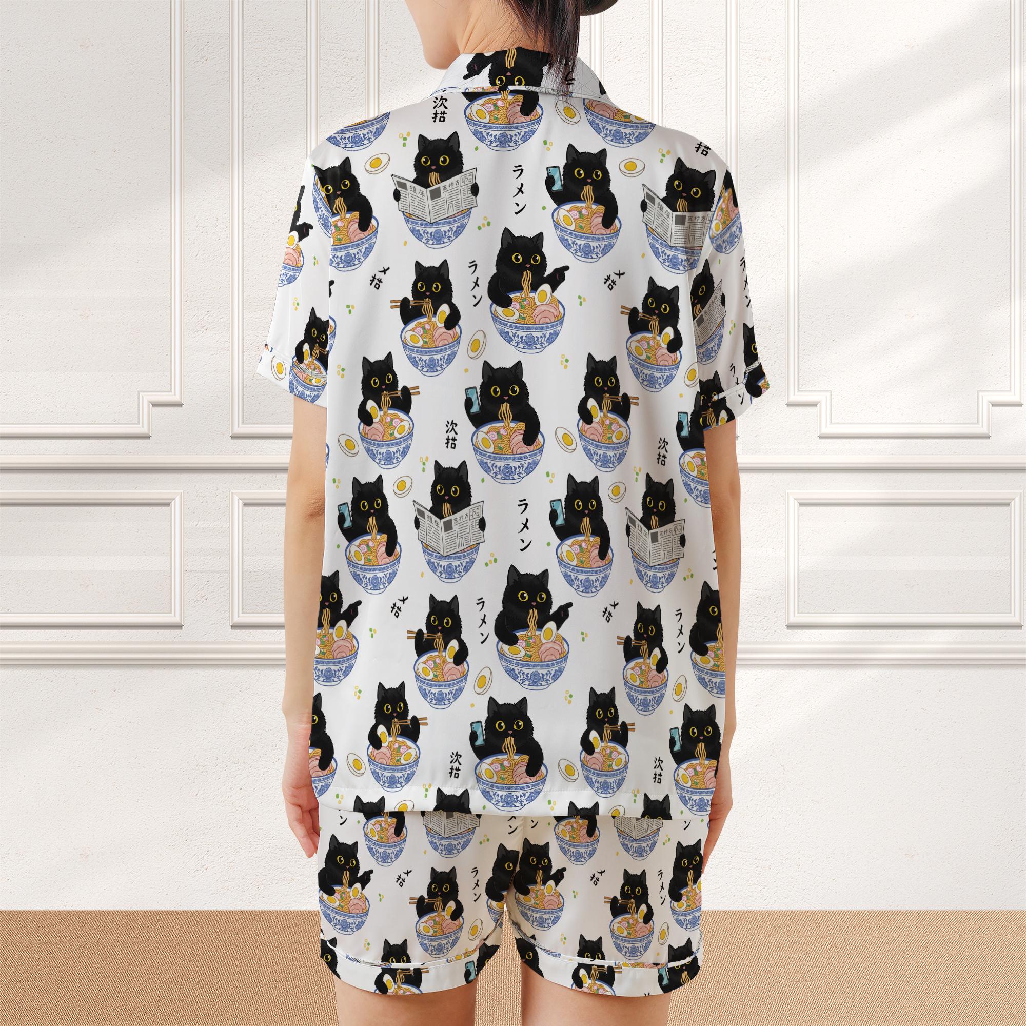 Satin Pajama Set: Black Cat Eating Ramen Print, Short Sleeve Sleepwear image 3