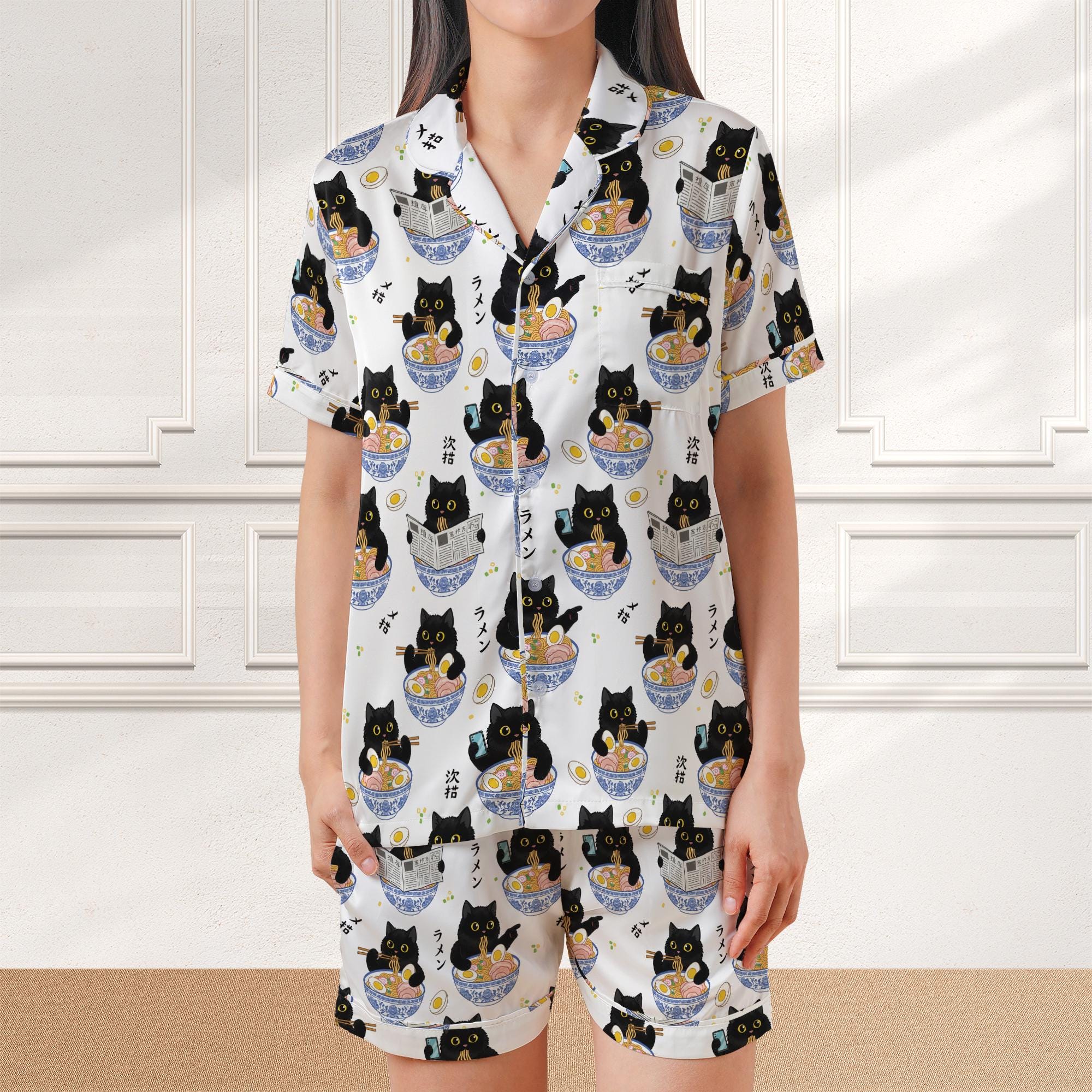 Satin Pajama Set: Black Cat Eating Ramen Print, Short Sleeve Sleepwear image 8