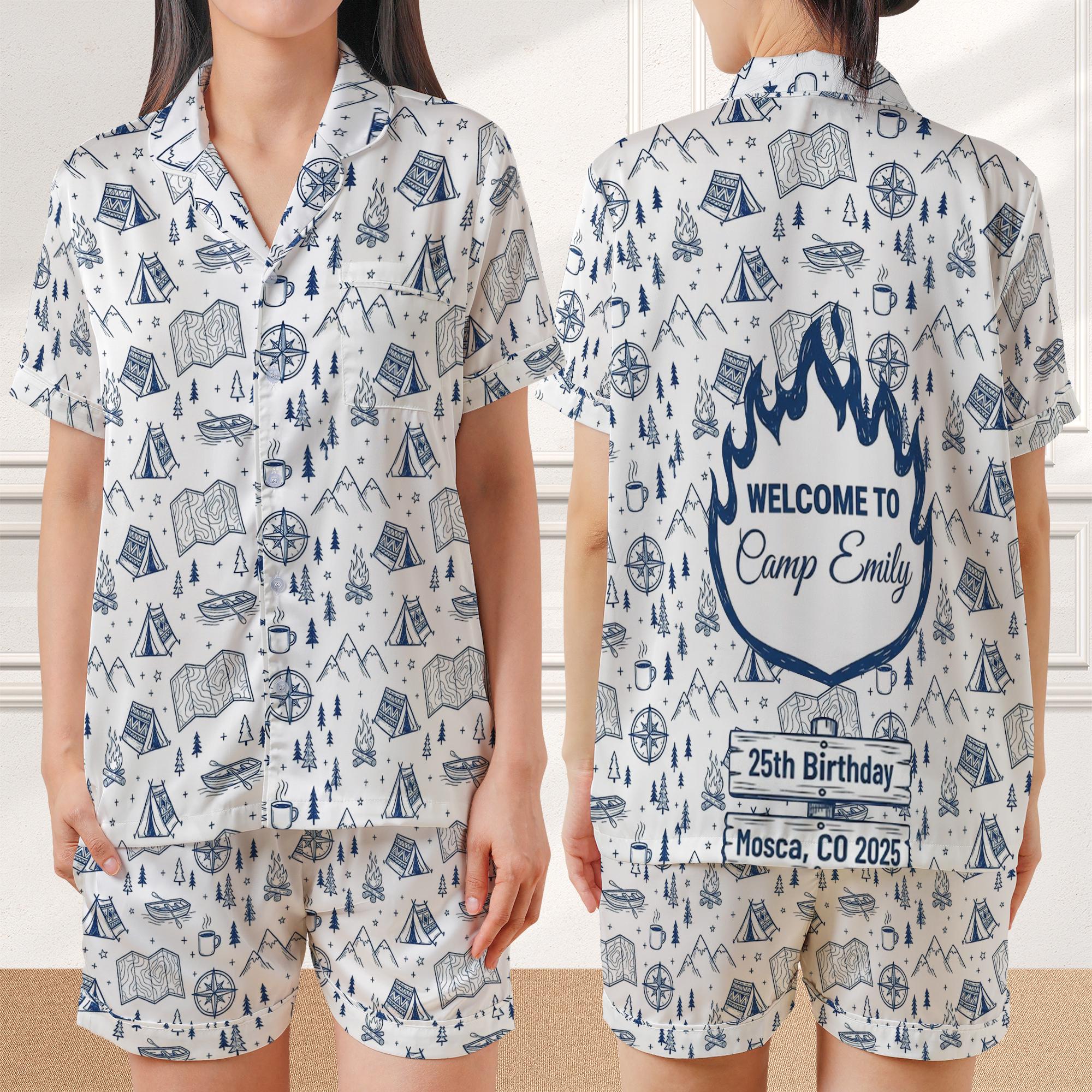 Personalized Satin Pajama Set: Camping Birthday Theme, Navy Outdoor Pattern image 1