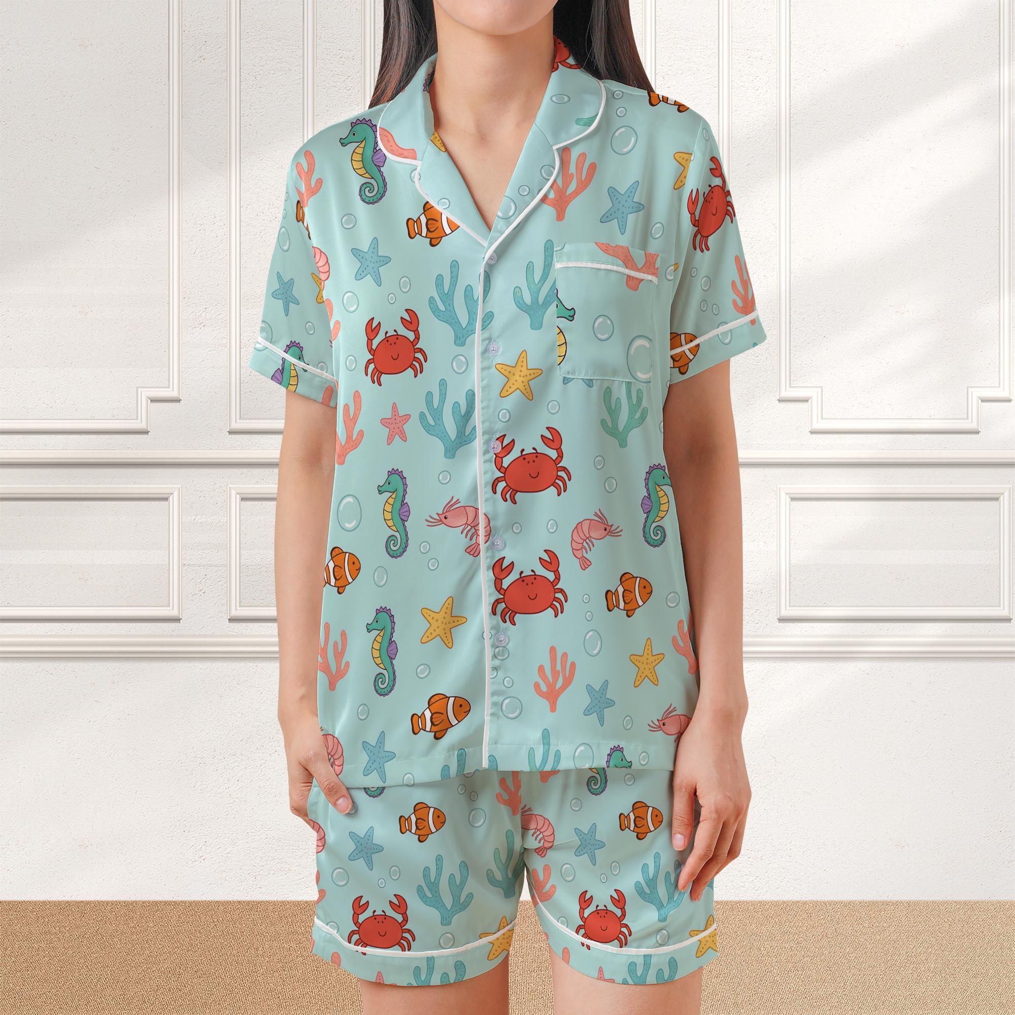 Satin Pajama Set: Sea Creature Print, Aqua Blue Sleepwear image 2
