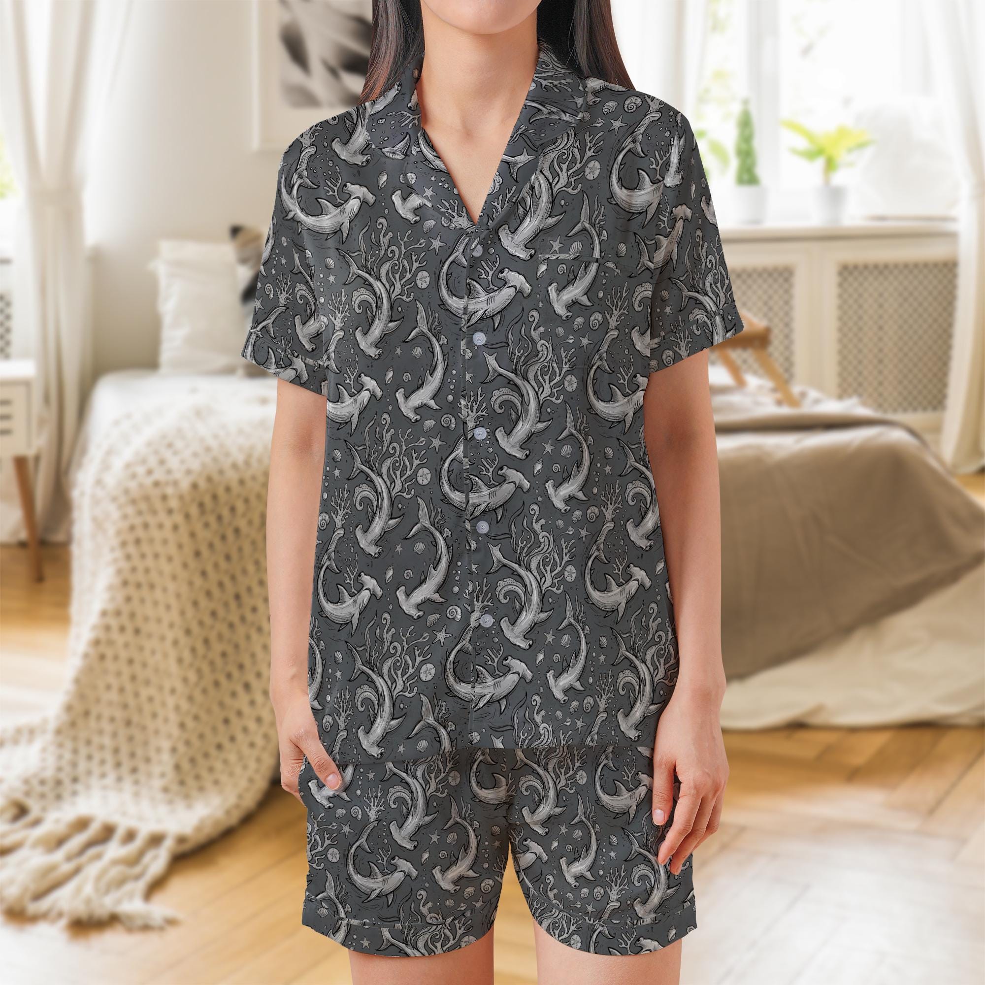 Satin Hammerhead Shark Pajama Set: Vintage Ocean Pattern Sleepwear image 2