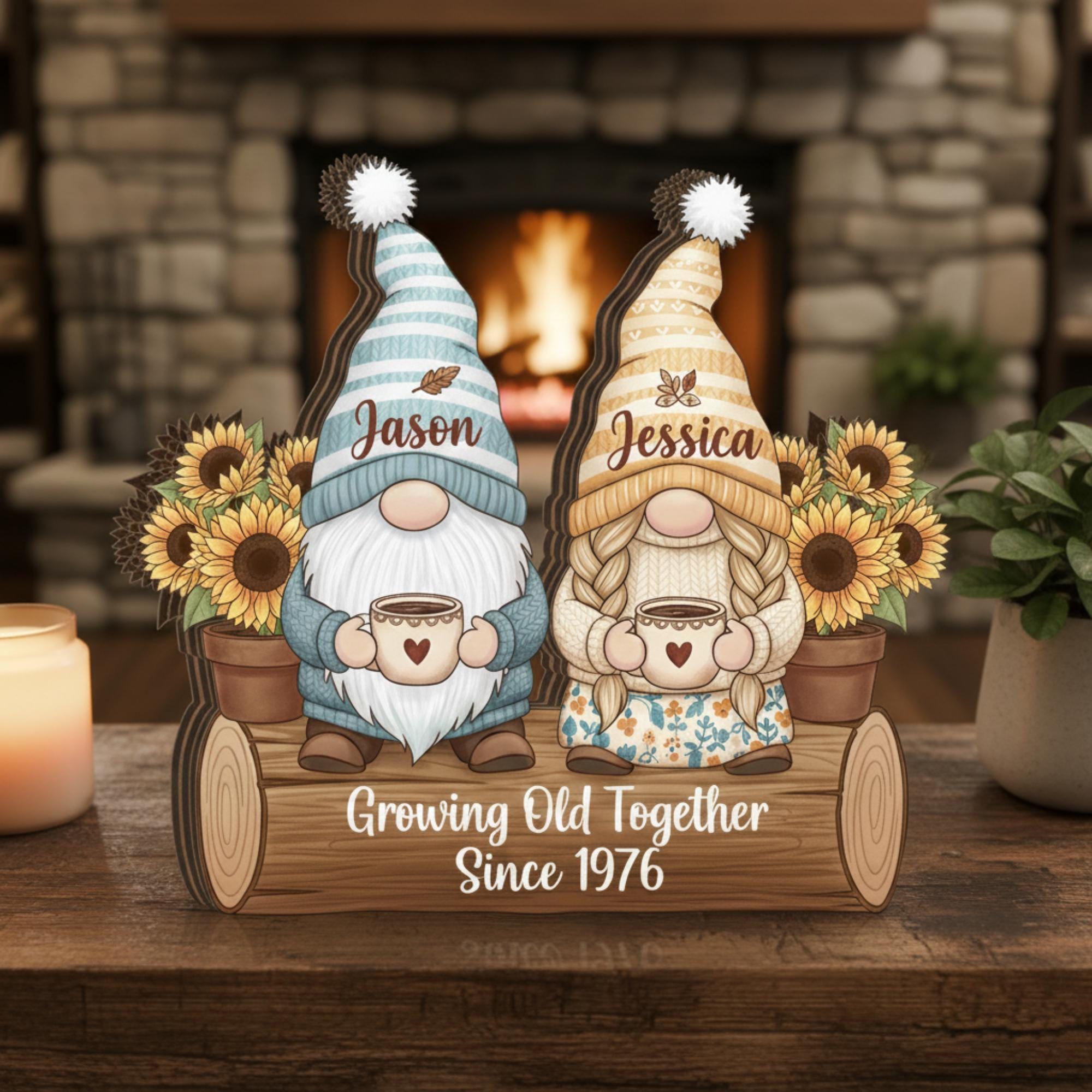 Custom Gnome Couple Wooden Block Sign: Personalized Rustic Decor image 1