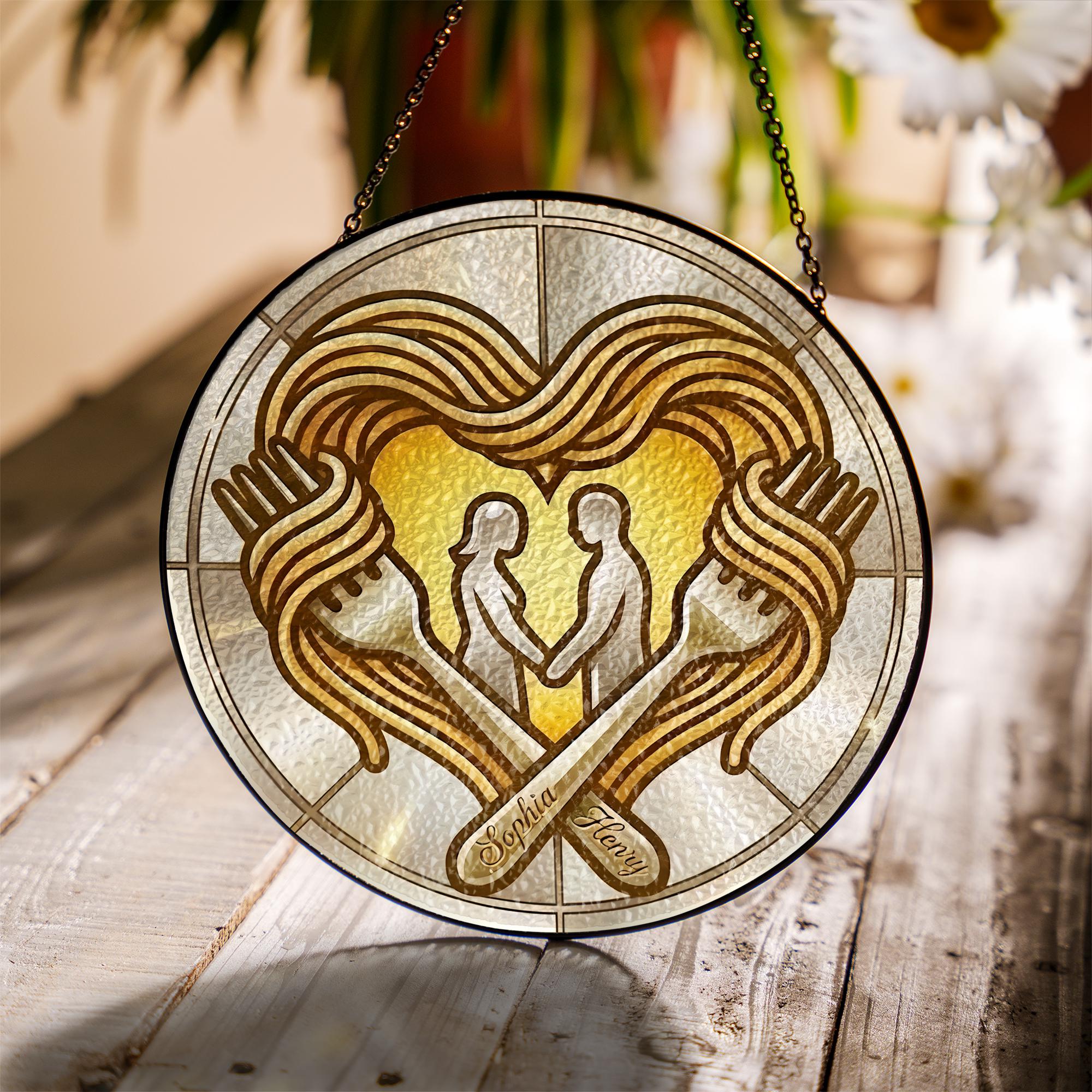 Personalized Pasta Heart Suncatcher: Spaghetti Noodle Design, Custom Name Forks, Couple Silhouette Window Decor image 1